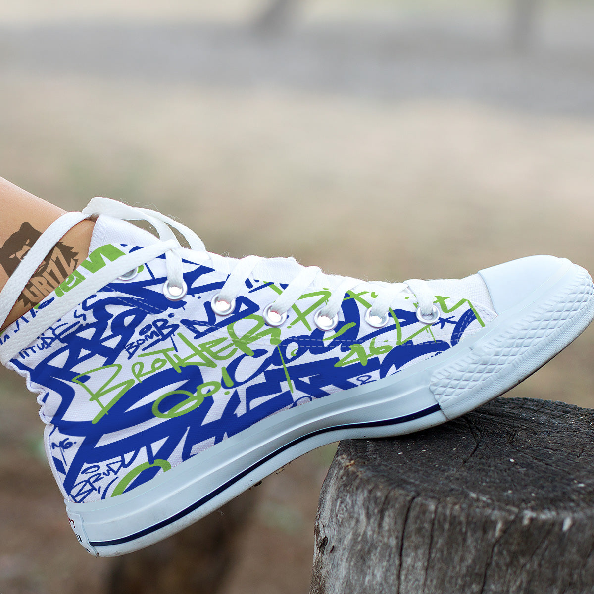 Green Blue Urban Graffiti Text Print Pattern White High Top Shoes-grizzshop