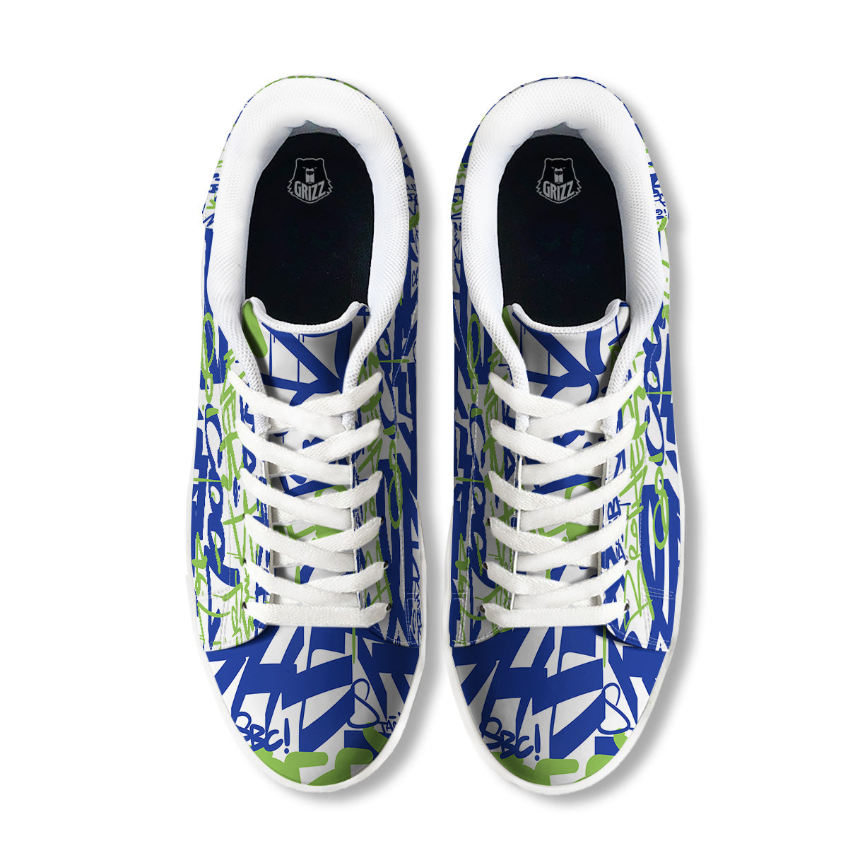 Green Blue Urban Graffiti Text Print Pattern White Low Top Sneakers-grizzshop