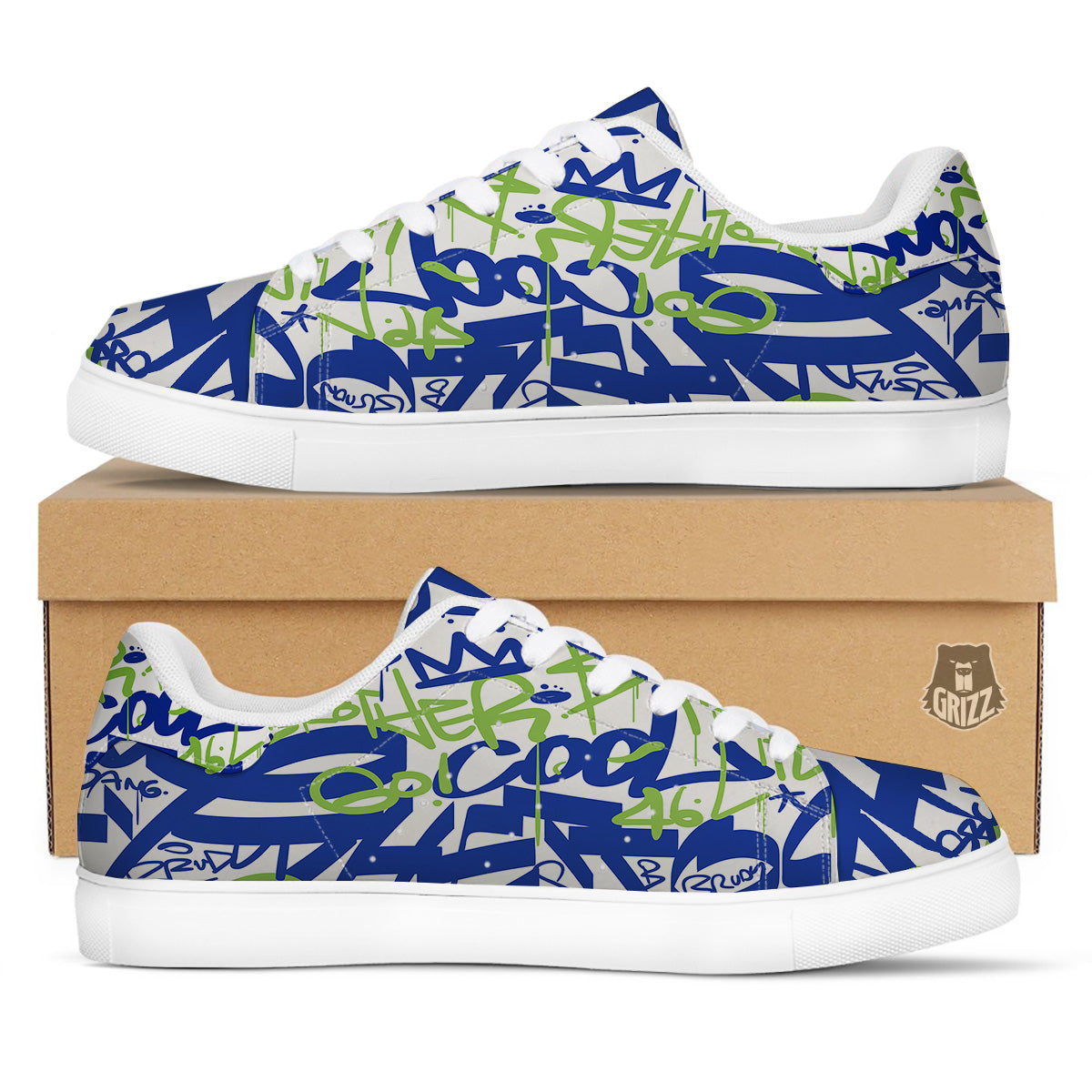 Green Blue Urban Graffiti Text Print Pattern White Low Top Sneakers-grizzshop