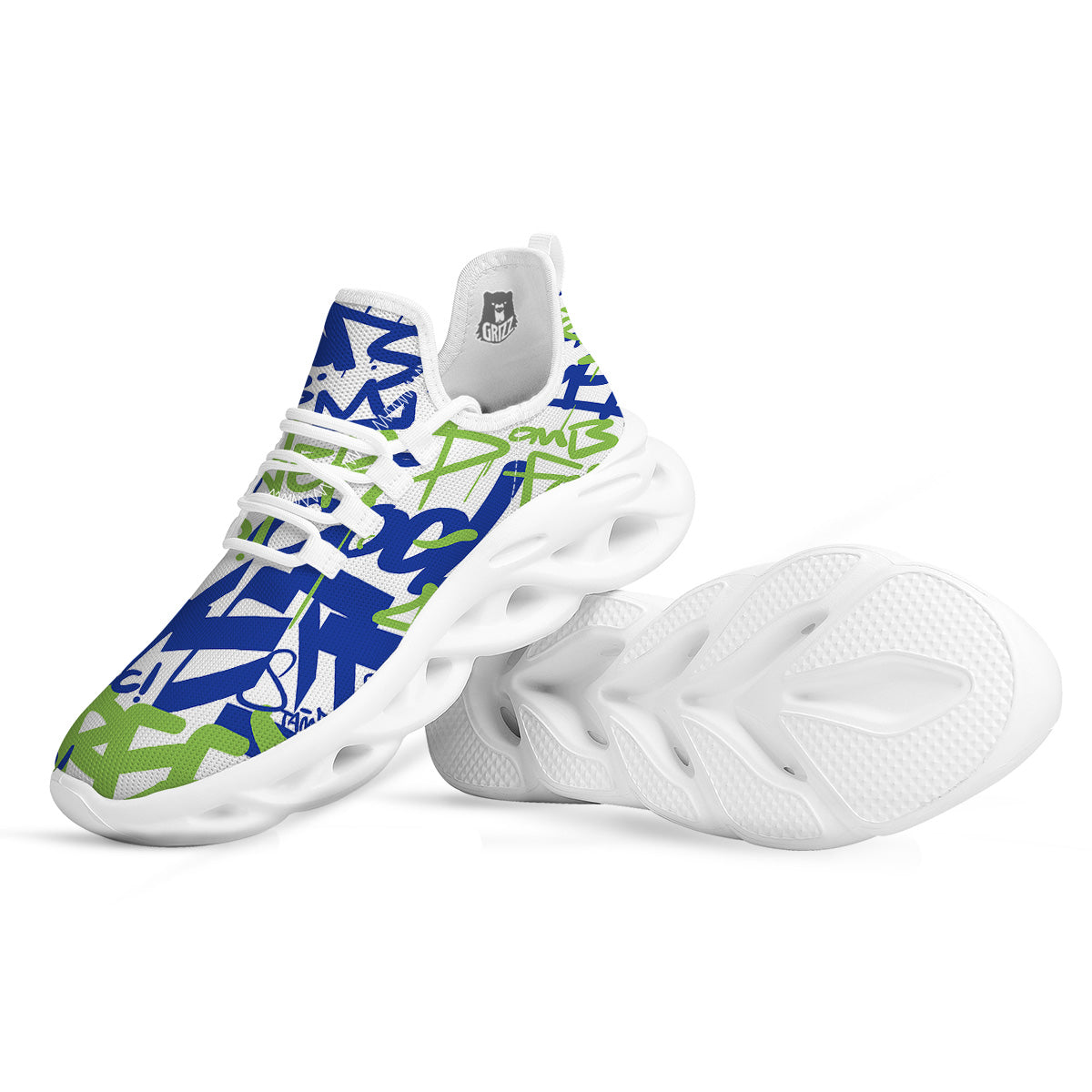 Green Blue Urban Graffiti Text Print Pattern White Running Shoes-grizzshop
