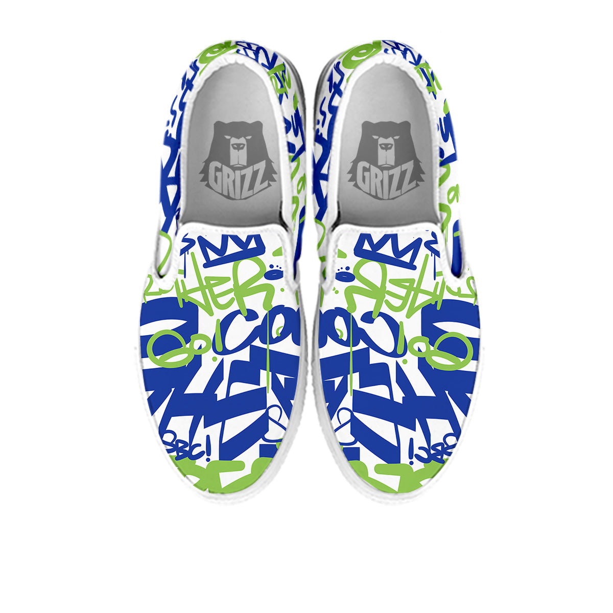 Green Blue Urban Graffiti Text Print Pattern White Slip On Shoes-grizzshop