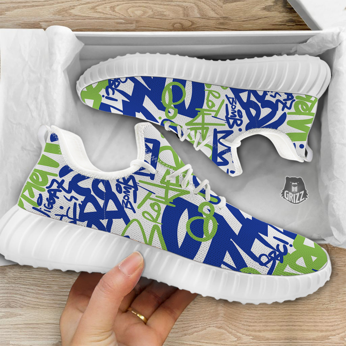 Green Blue Urban Graffiti Text Print Pattern White Walking Shoes-grizzshop