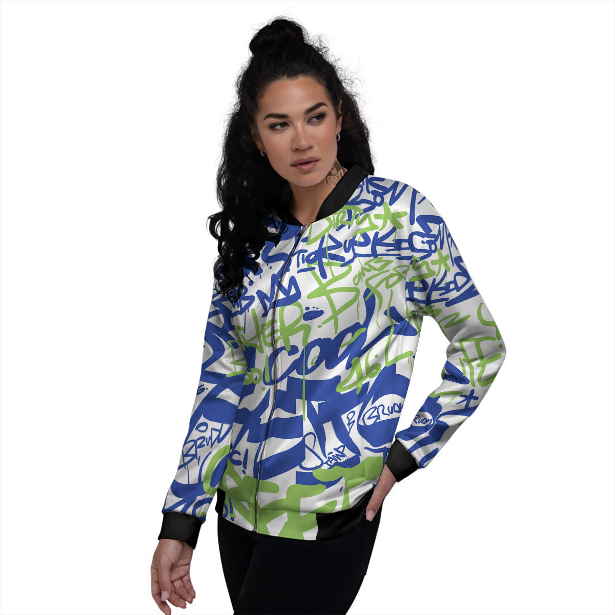 Green Blue Urban Graffiti Text Print Pattern Women's Bomber Jacket-grizzshop