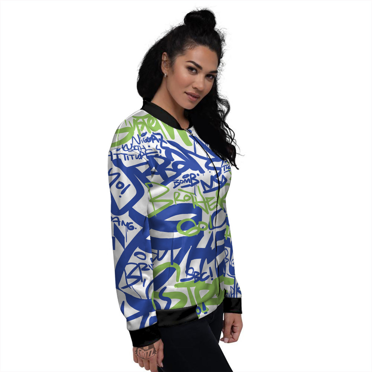 Green Blue Urban Graffiti Text Print Pattern Women's Bomber Jacket-grizzshop