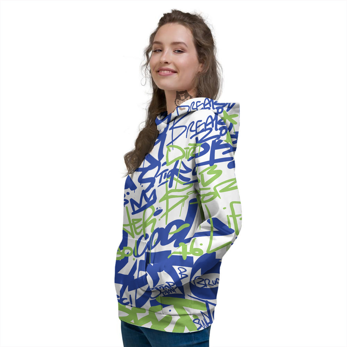 Green Blue Urban Graffiti Text Print Pattern Women's Hoodie-grizzshop