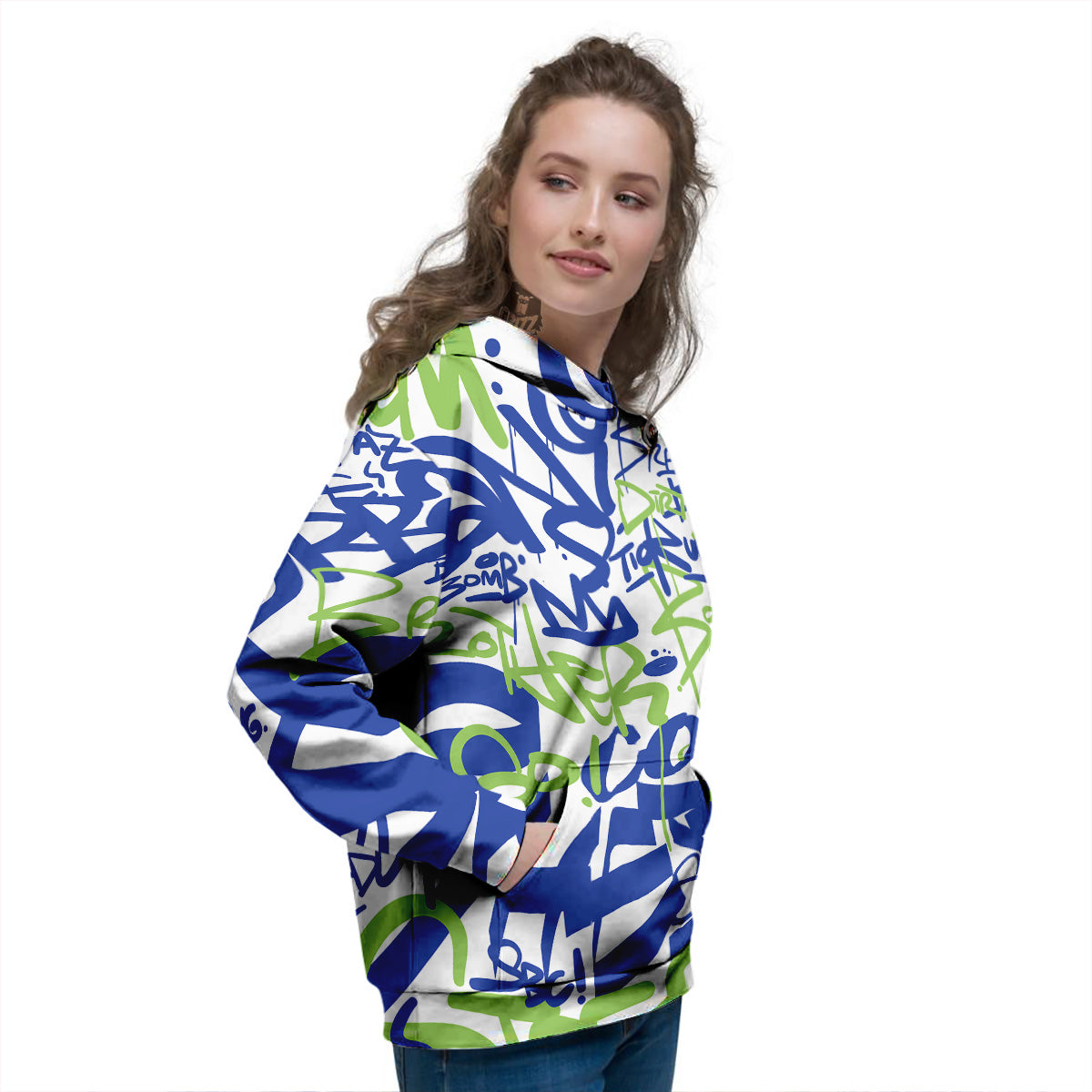 Green Blue Urban Graffiti Text Print Pattern Women's Hoodie-grizzshop