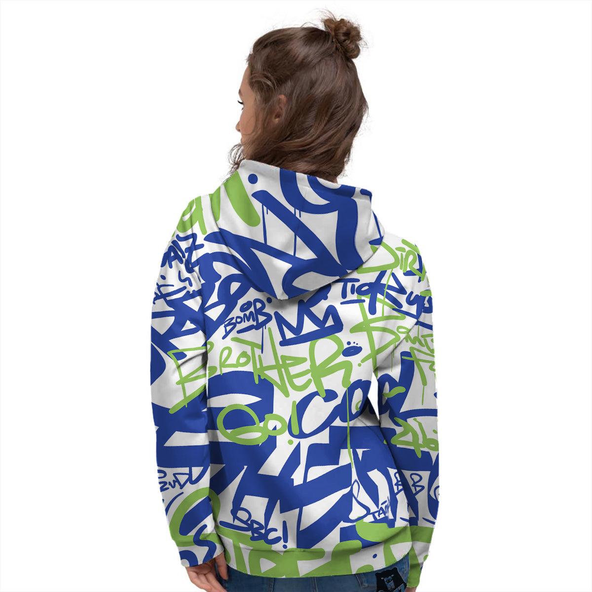 Green Blue Urban Graffiti Text Print Pattern Women's Hoodie-grizzshop