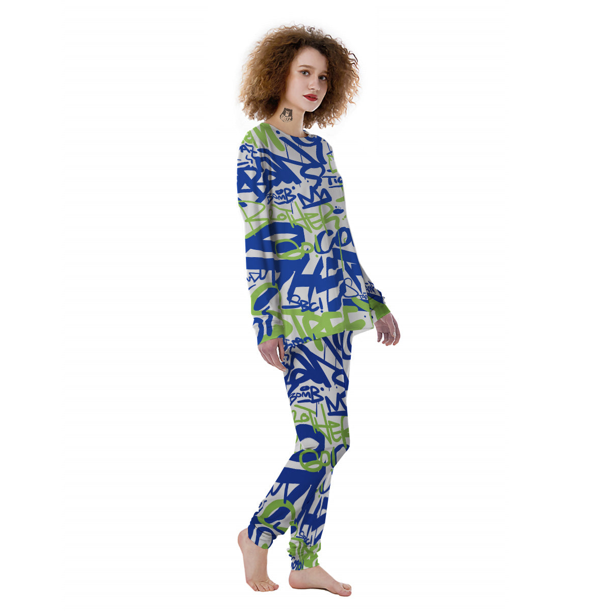 Green Blue Urban Graffiti Text Print Pattern Women's Pajamas-grizzshop