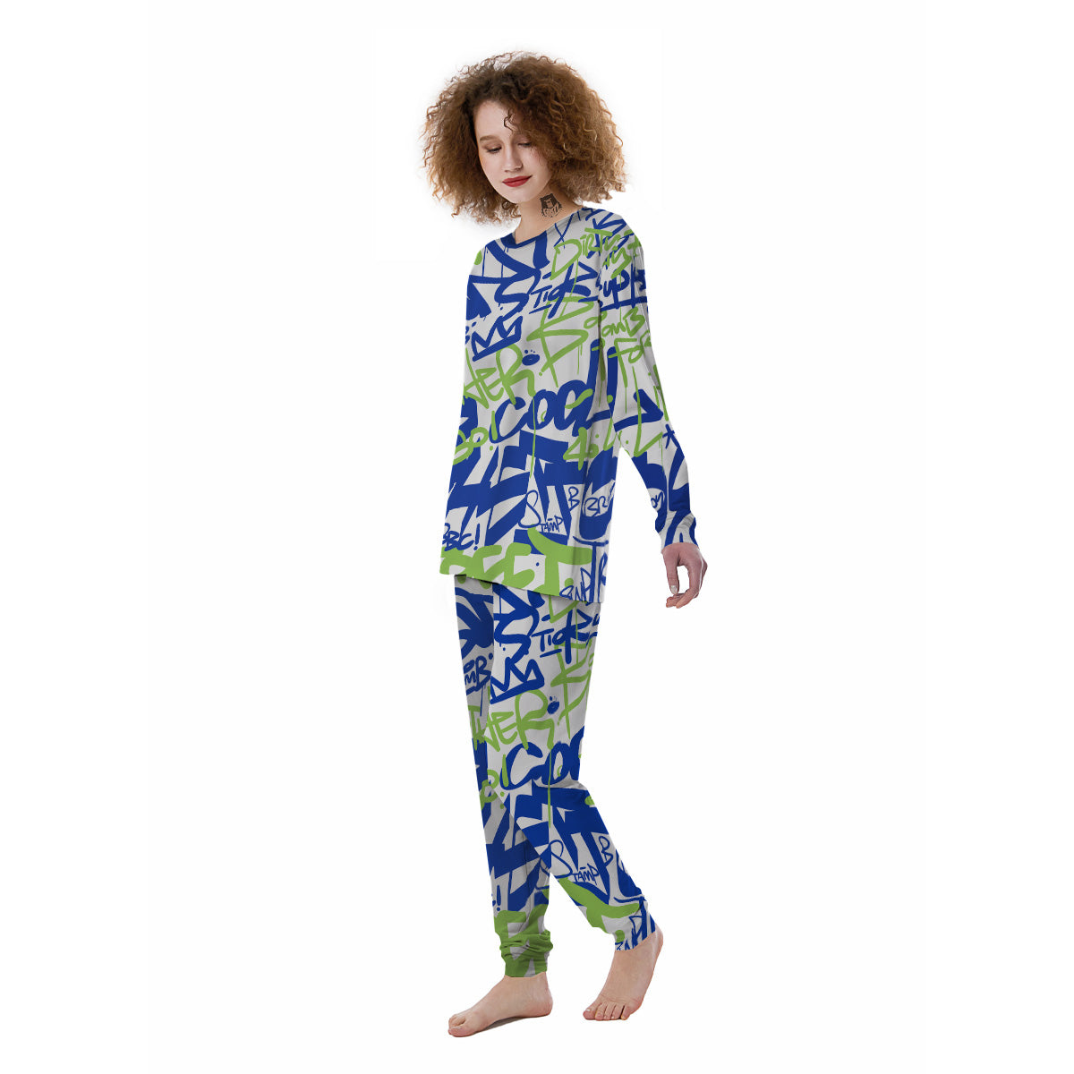 Green Blue Urban Graffiti Text Print Pattern Women's Pajamas-grizzshop