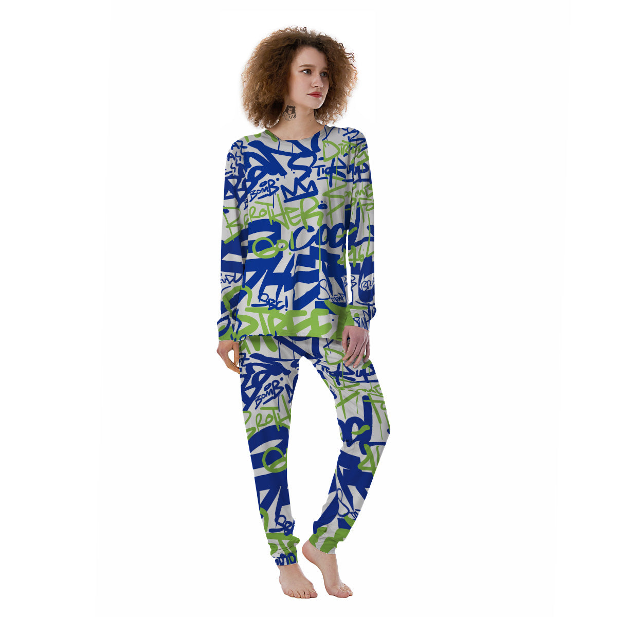 Green Blue Urban Graffiti Text Print Pattern Women's Pajamas-grizzshop