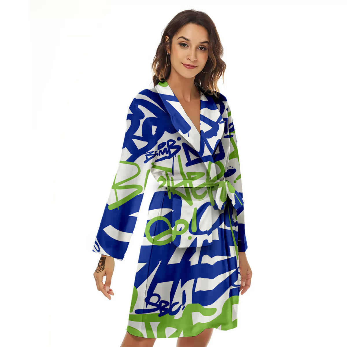 Green Blue Urban Graffiti Text Print Pattern Women's Robe-grizzshop