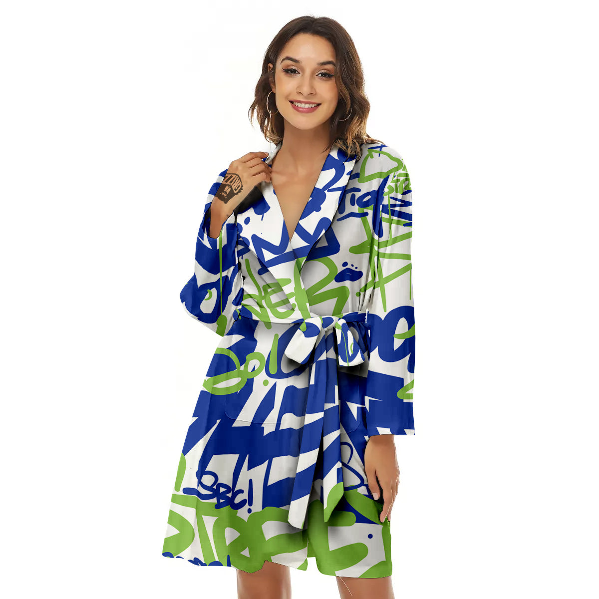 Green Blue Urban Graffiti Text Print Pattern Women's Robe-grizzshop