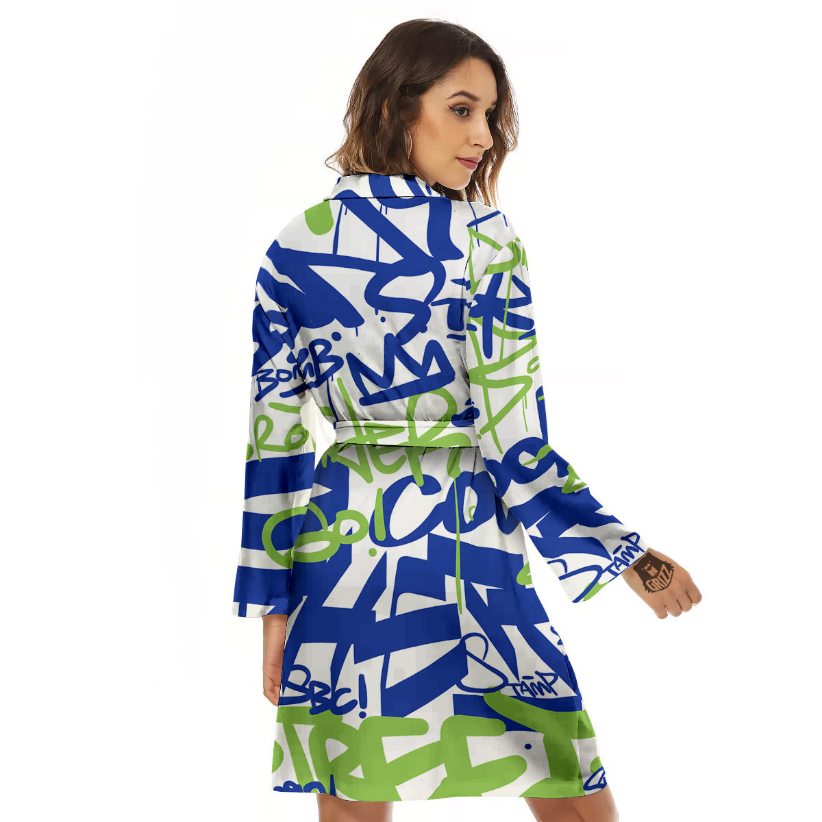 Green Blue Urban Graffiti Text Print Pattern Women's Robe-grizzshop