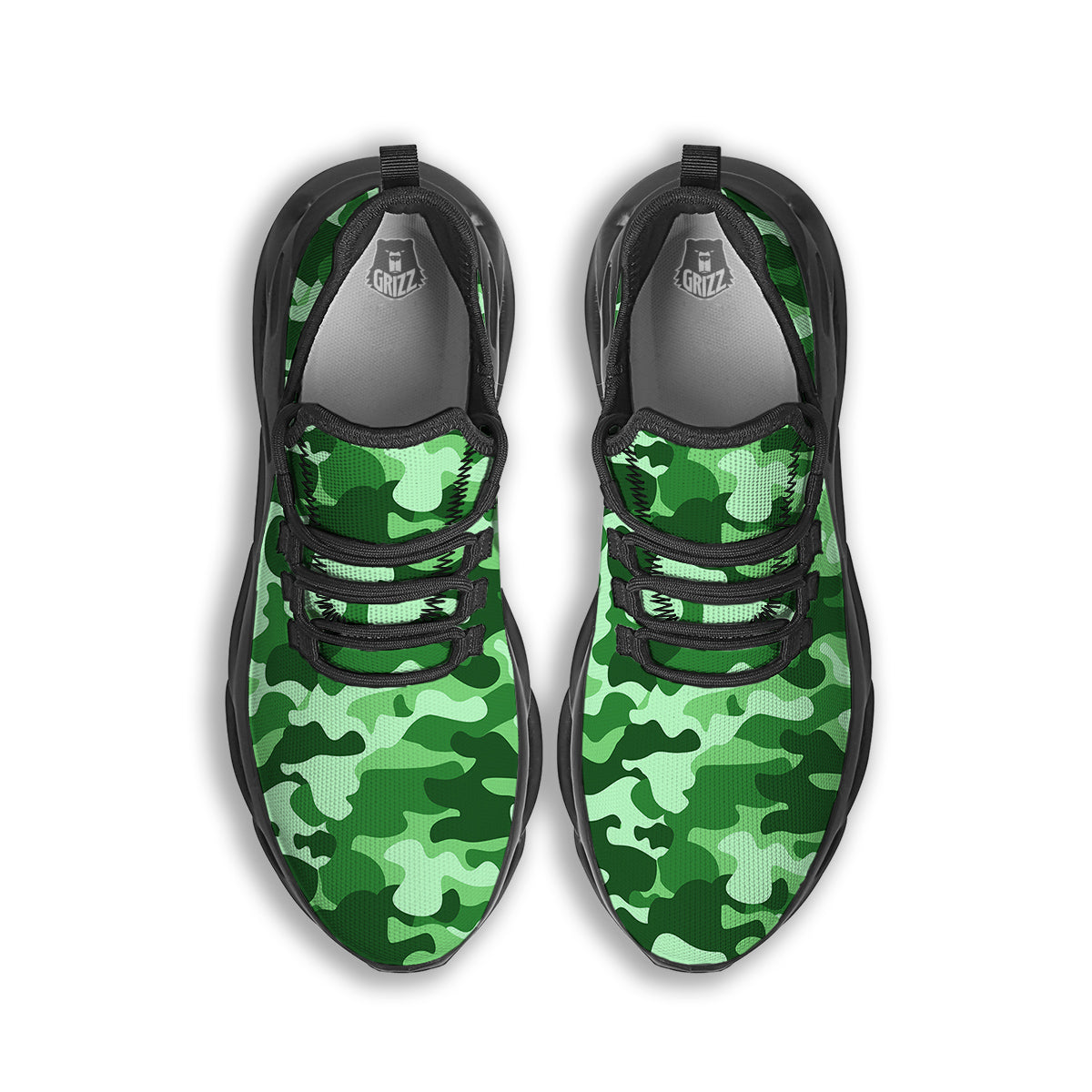 Green Camo And Camouflage Print Black Running Shoes-grizzshop