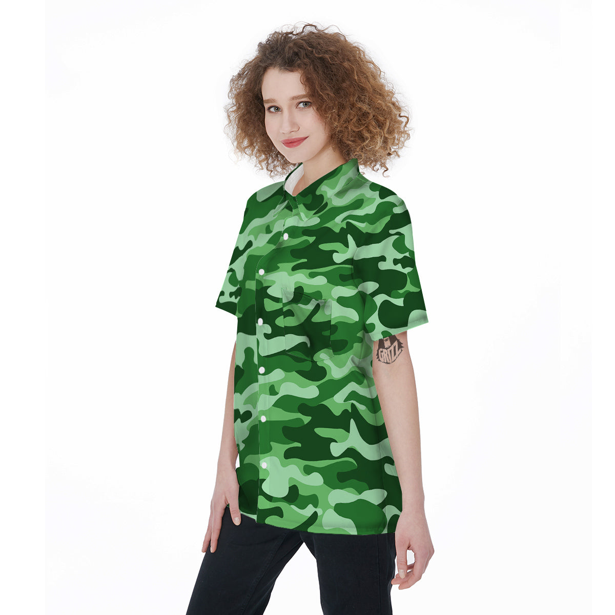 Green Camo And Camouflage Print Women's Short Sleeve Shirts-grizzshop