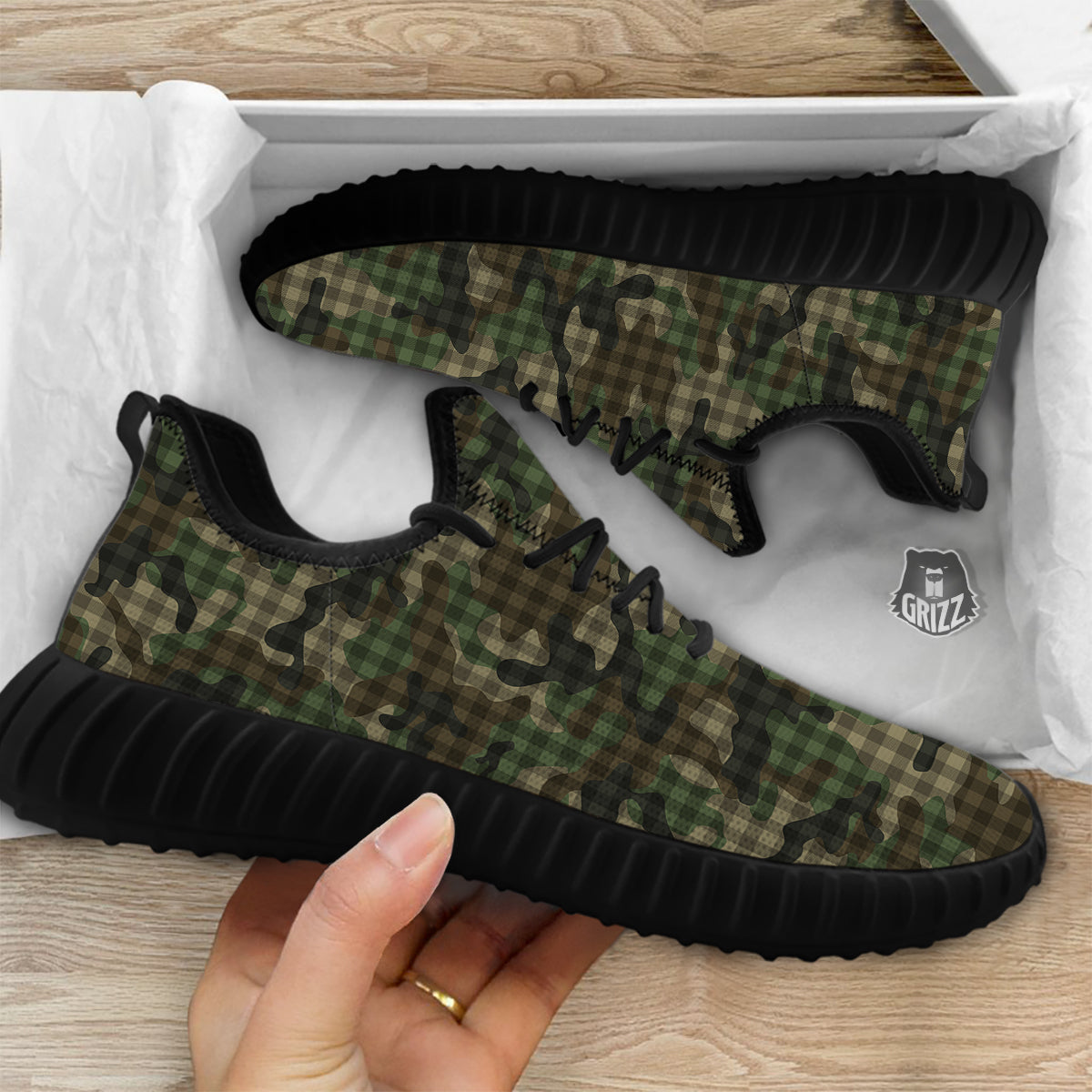 Green Camouflage Army Plaid Print Pattern Black Walking Shoes-grizzshop