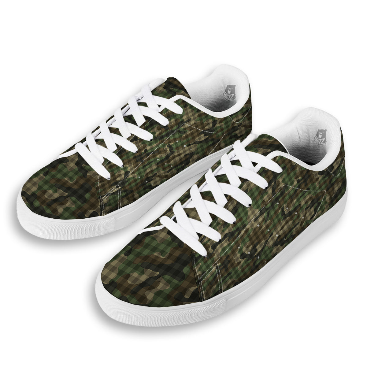 Green Camouflage Army Plaid Print Pattern White Low Top Sneakers-grizzshop