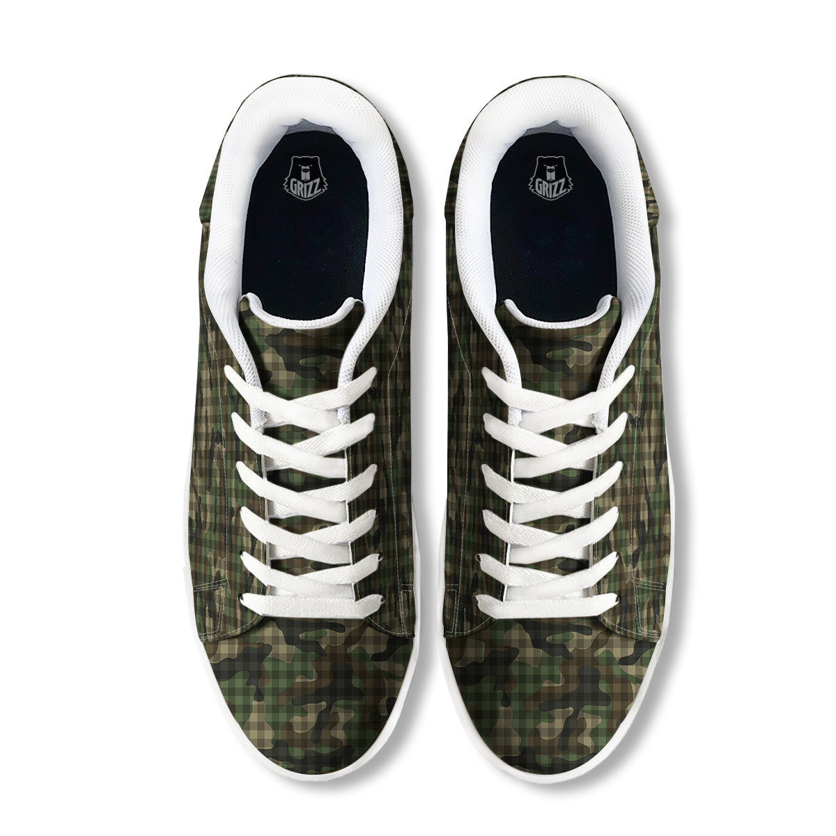 Green Camouflage Army Plaid Print Pattern White Low Top Sneakers-grizzshop