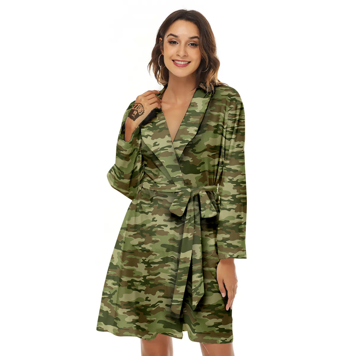 Green Camouflage Brown Print Women's Robe-grizzshop