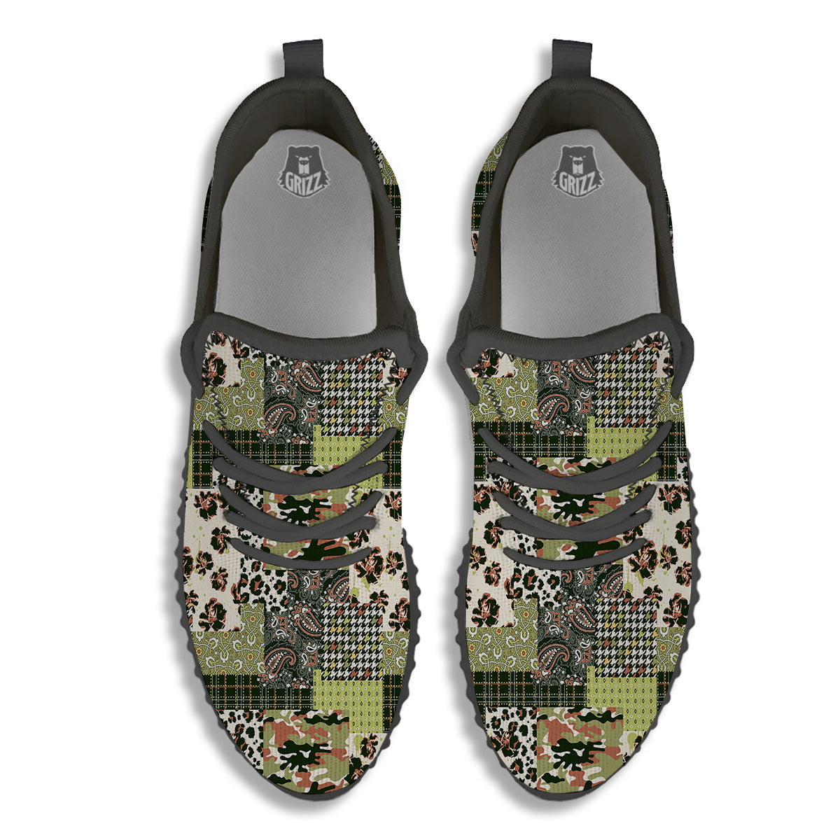 Green Camouflage Tartan Paisley Patchwork Print Pattern Black Walking Shoes-grizzshop
