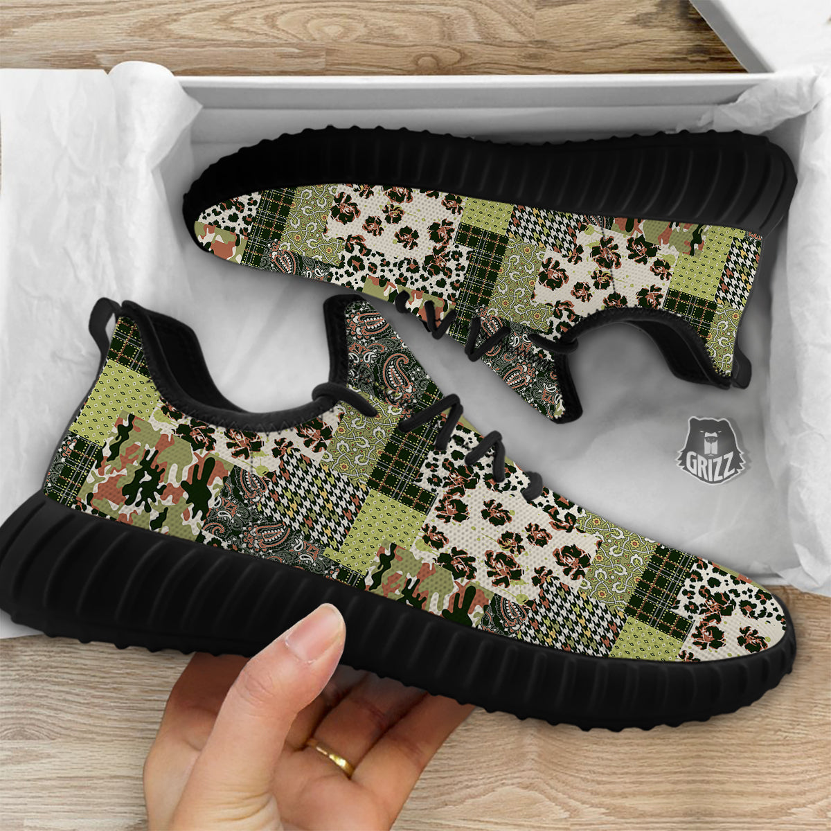 Green Camouflage Tartan Paisley Patchwork Print Pattern Black Walking Shoes-grizzshop