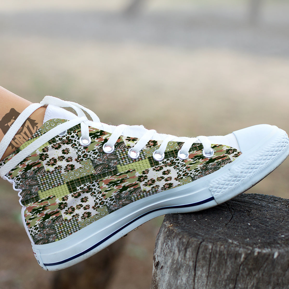 Green Camouflage Tartan Paisley Patchwork Print Pattern White High Top Shoes-grizzshop