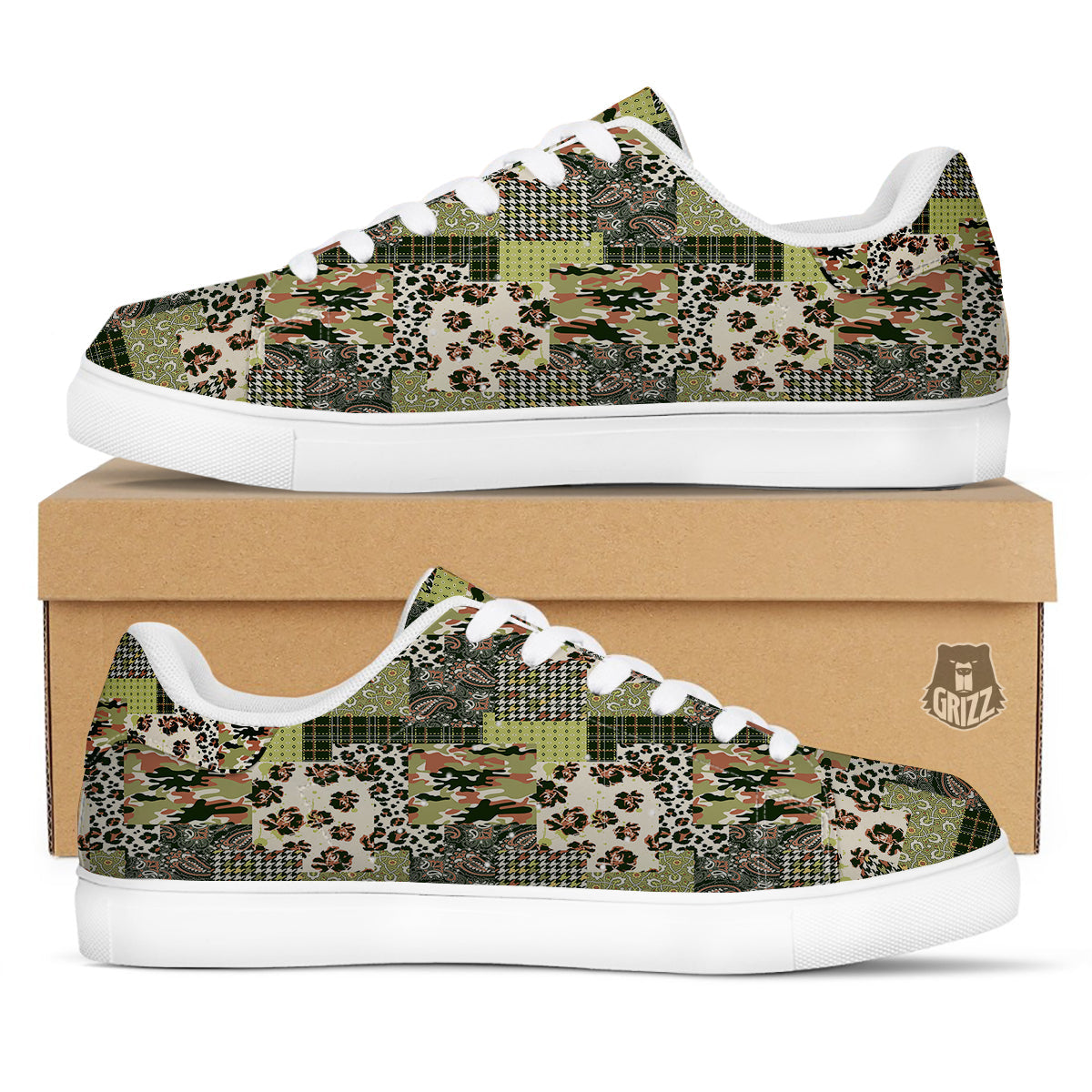 Green Camouflage Tartan Paisley Patchwork Print Pattern White Low Top Sneakers-grizzshop