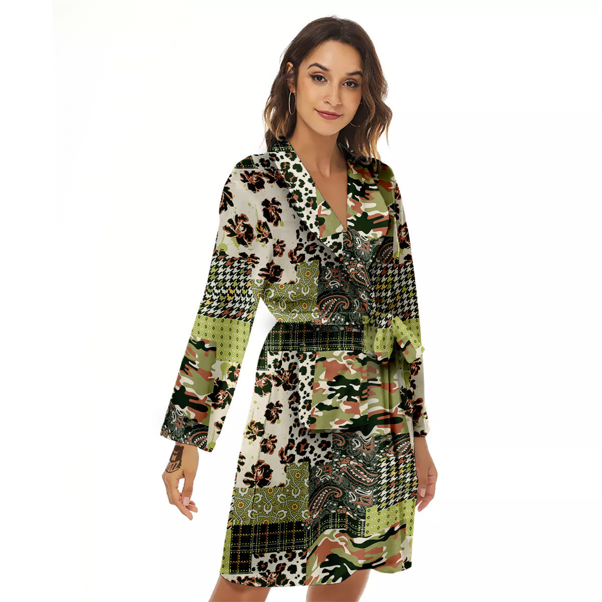 Green Camouflage Tartan Paisley Patchwork Print Pattern Women's Robe-grizzshop