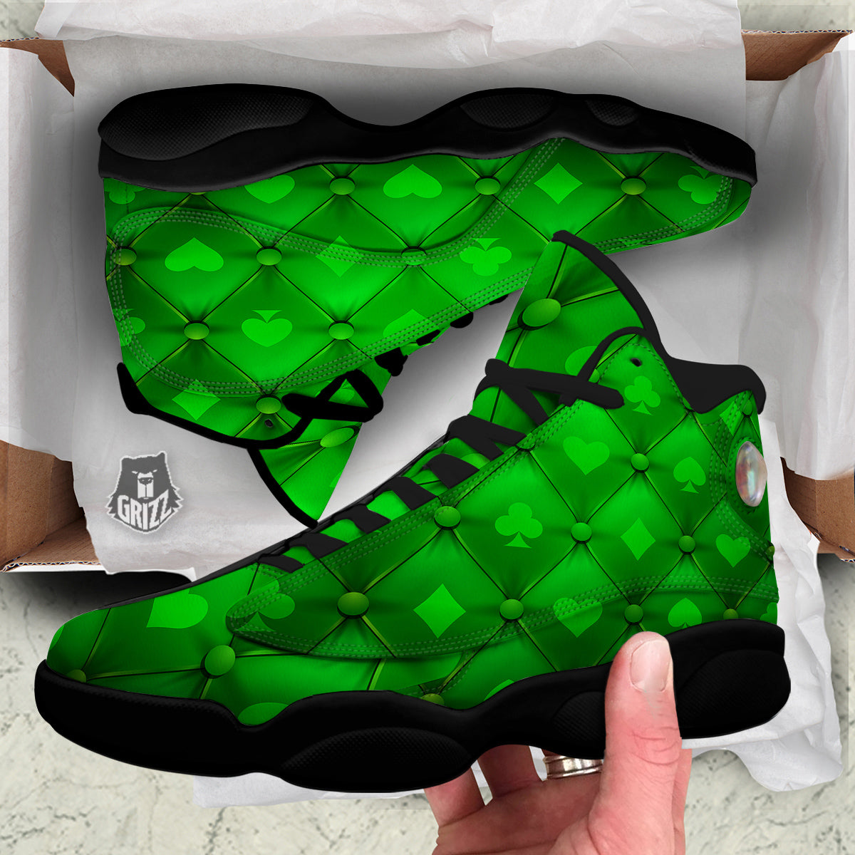 Green Casino Print Pattern Black Basketball Shoes-grizzshop