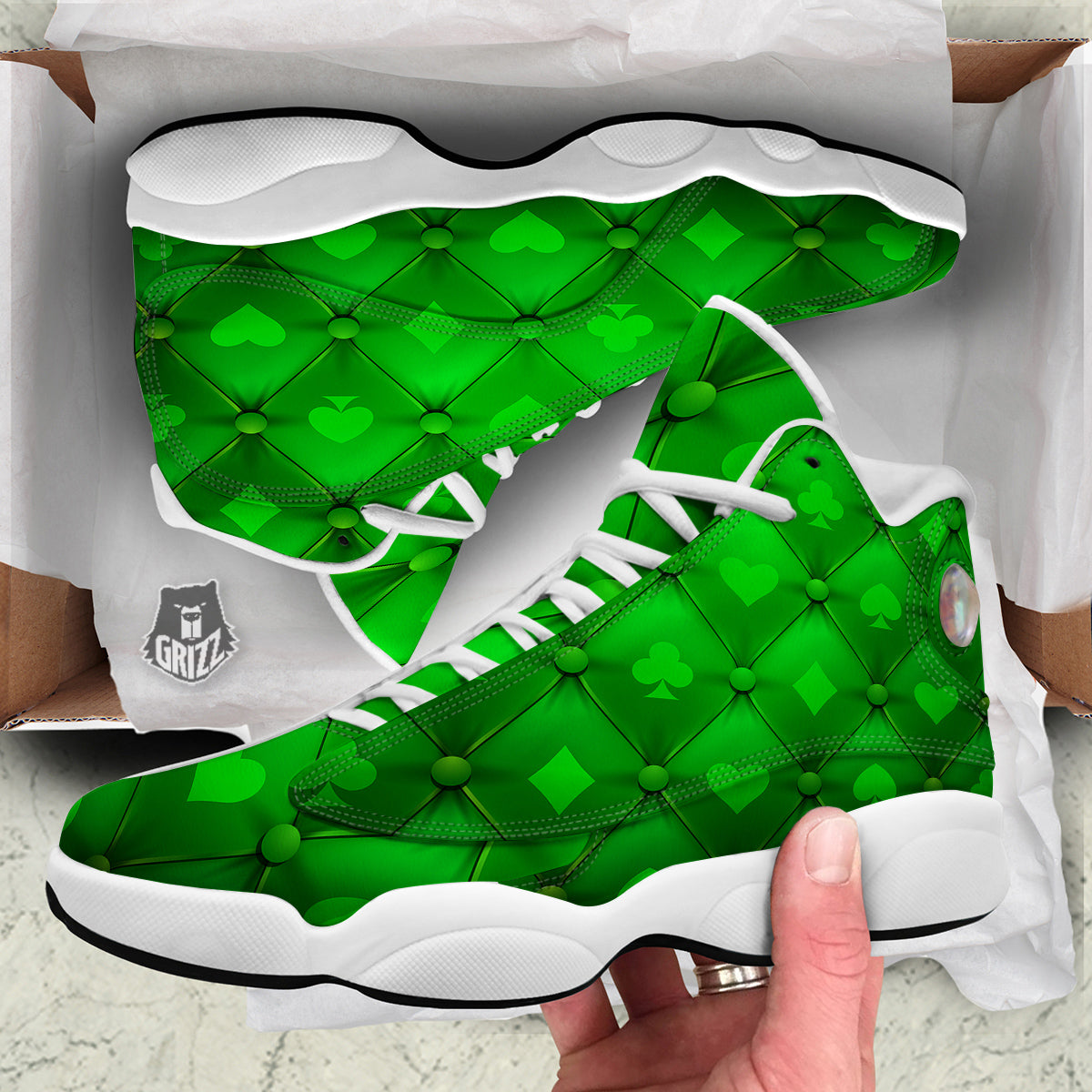 Green Casino Print Pattern White Basketball Shoes-grizzshop