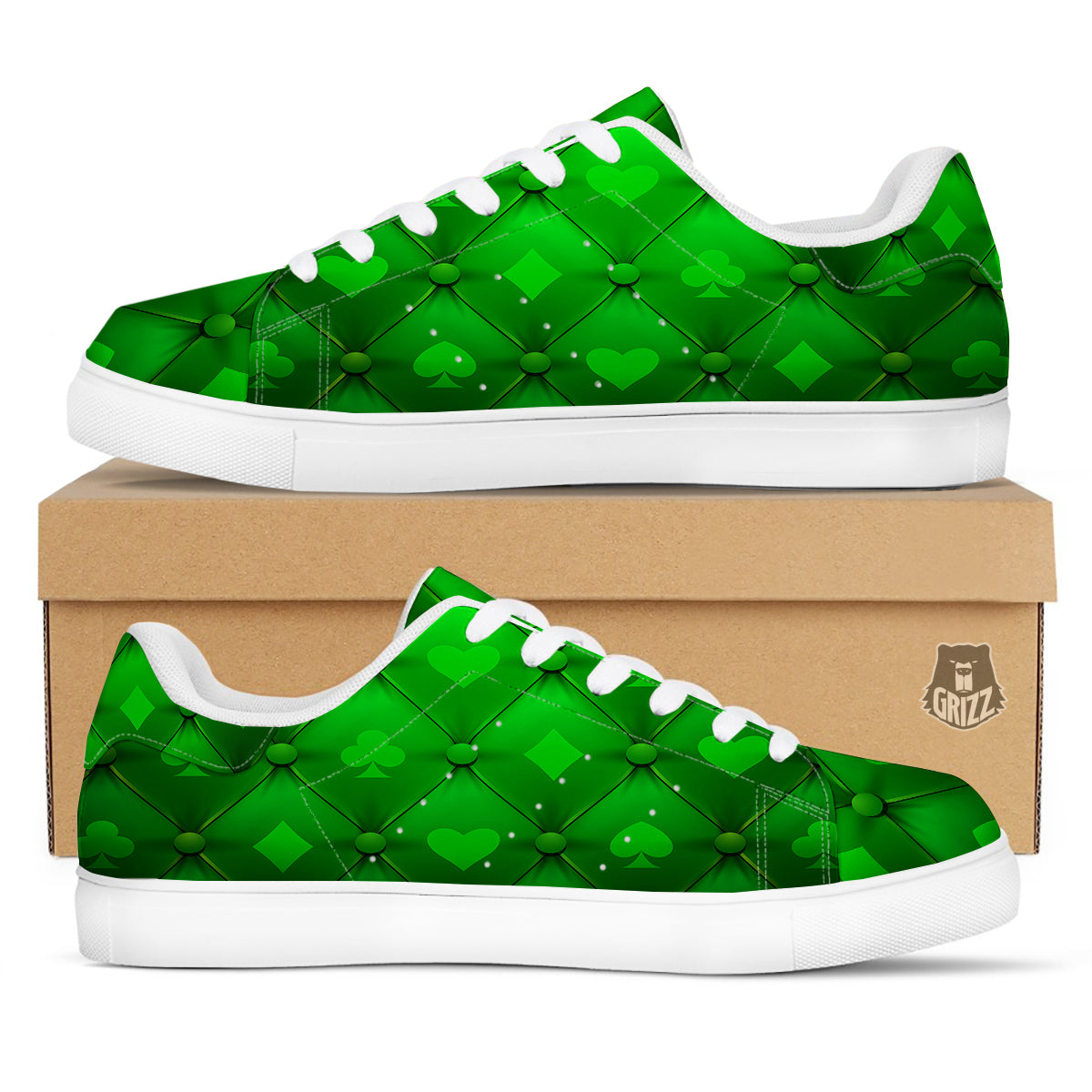 Green Casino Print Pattern White Low Top Sneakers-grizzshop