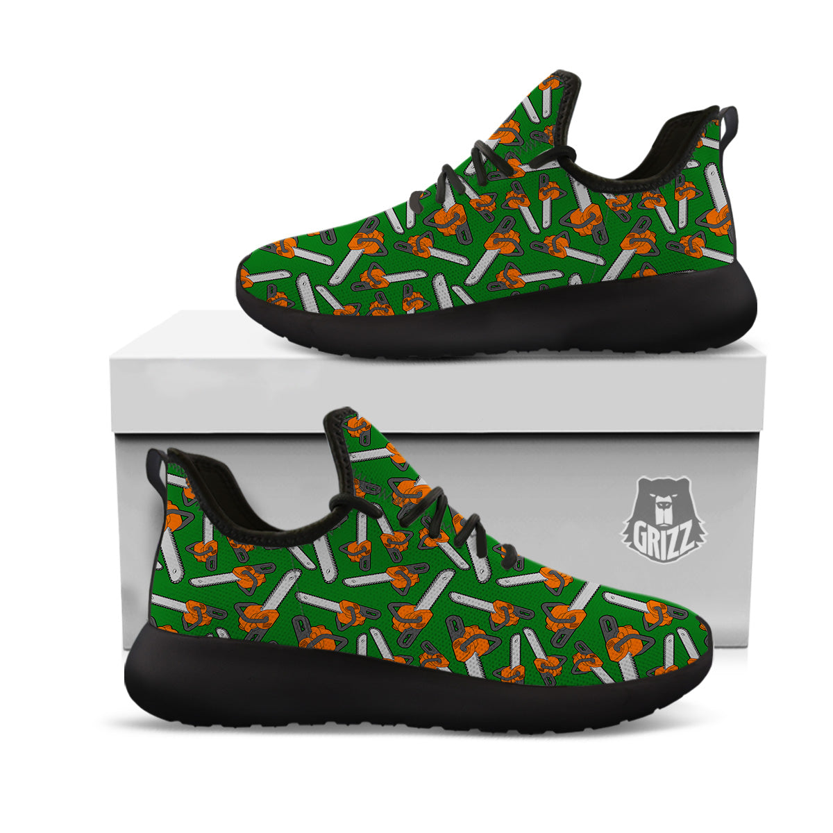 Green Chainsaw Print Pattern Black Athletic Shoes-grizzshop