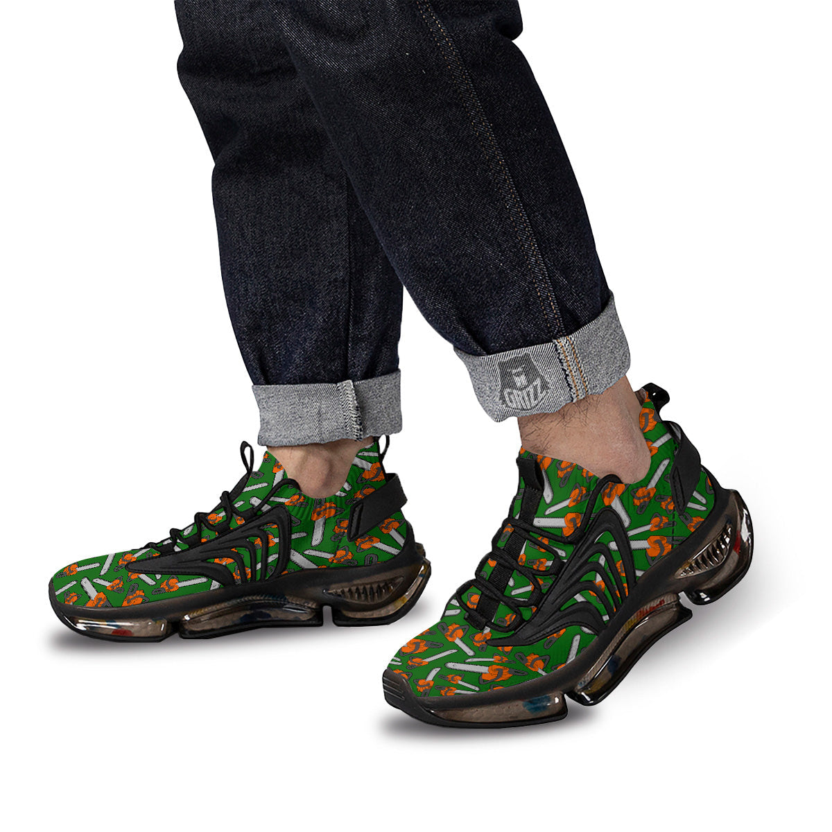 Green Chainsaw Print Pattern Black Gym Shoes-grizzshop