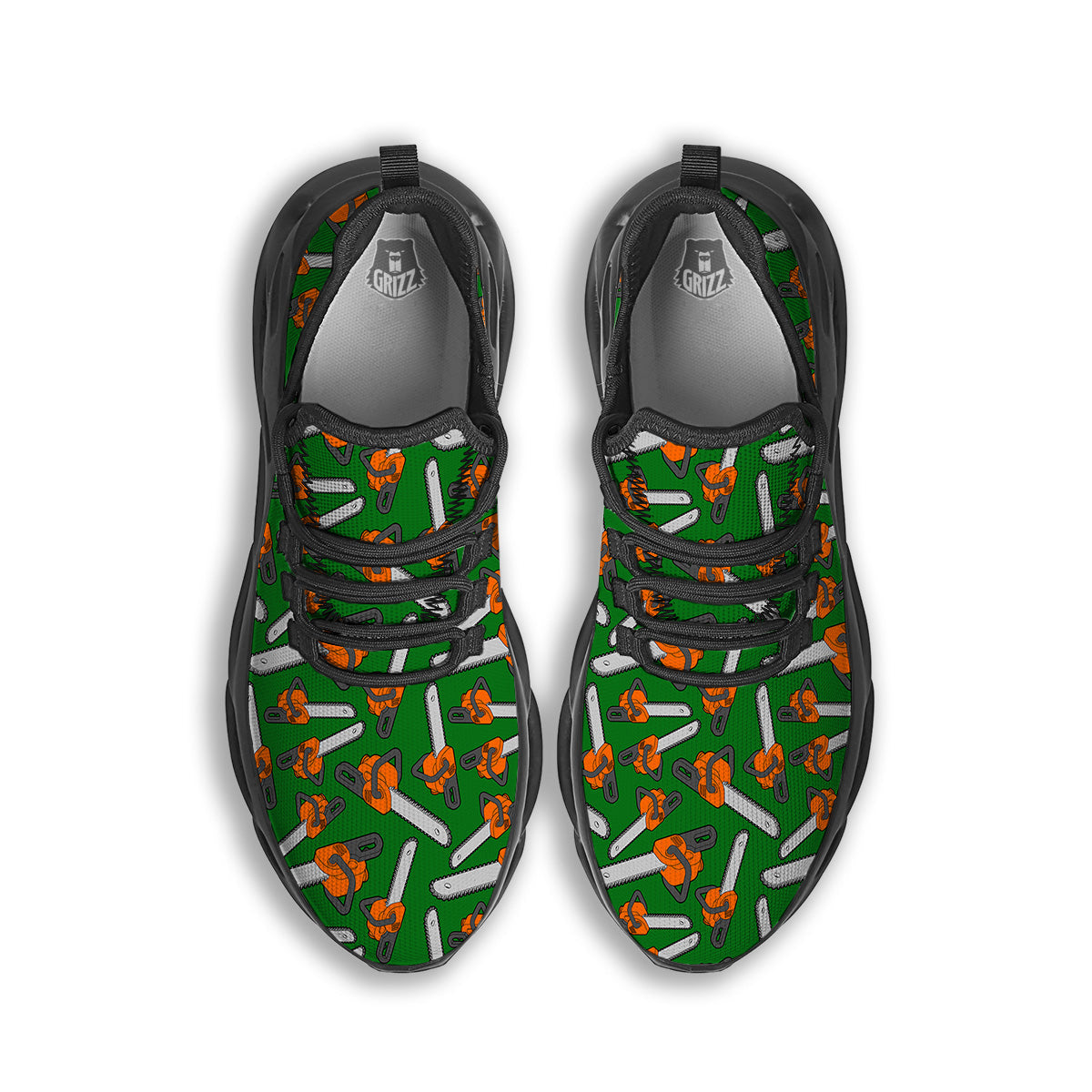 Green Chainsaw Print Pattern Black Running Shoes-grizzshop