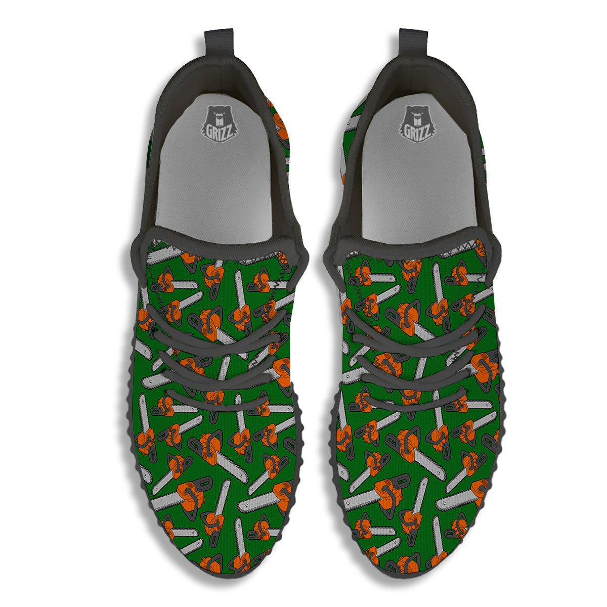 Green Chainsaw Print Pattern Black Walking Shoes-grizzshop