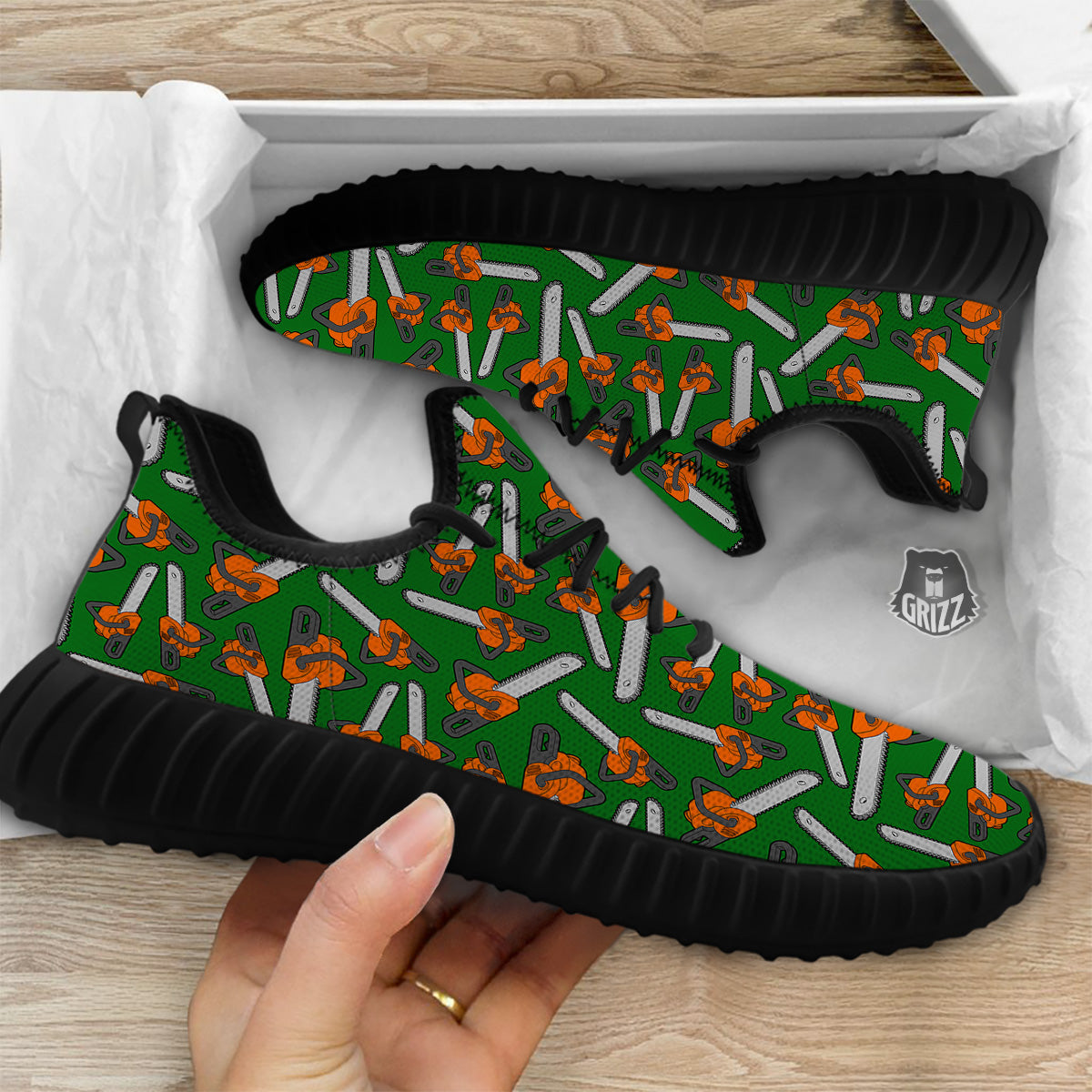 Green Chainsaw Print Pattern Black Walking Shoes-grizzshop