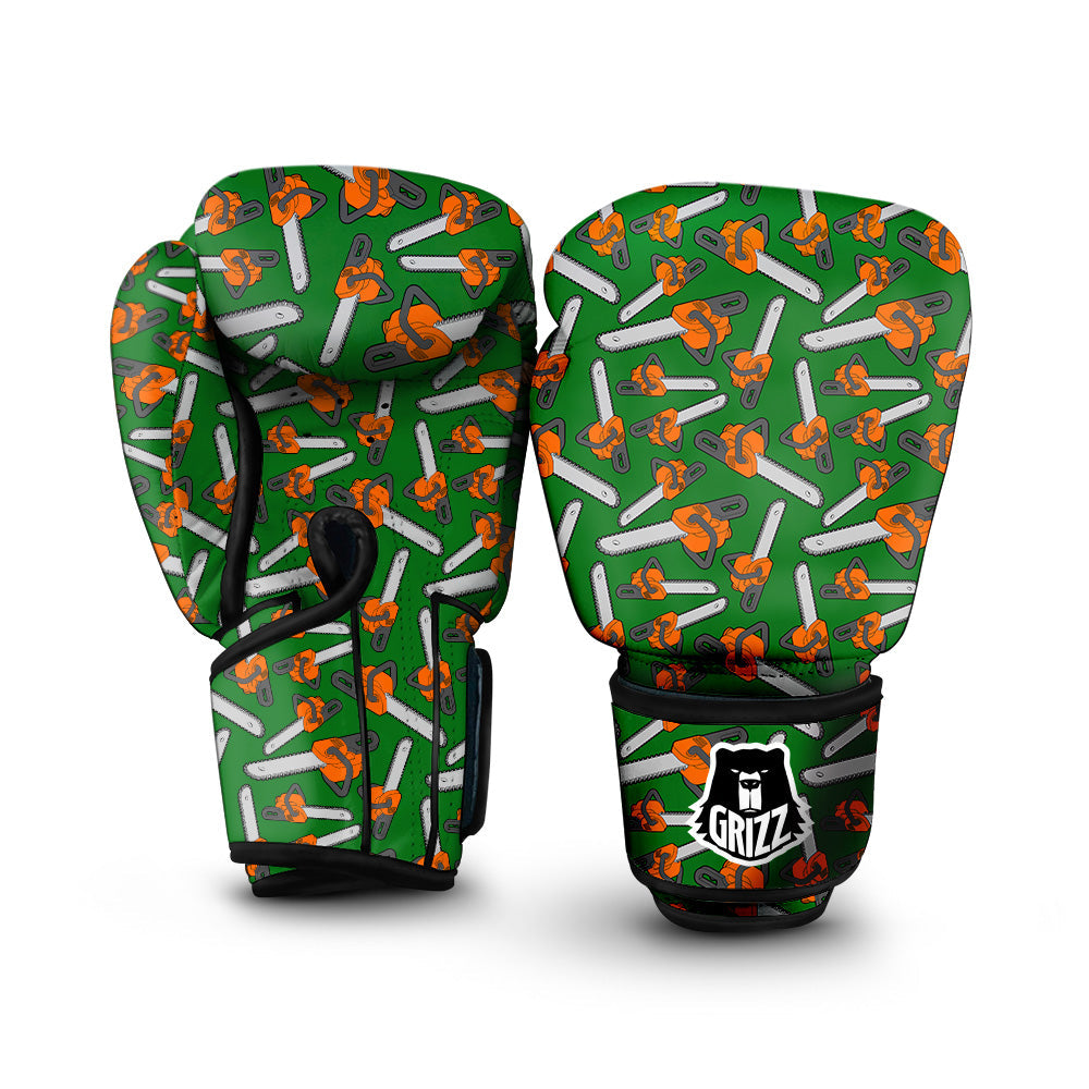 Green Chainsaw Print Pattern Boxing Gloves-grizzshop
