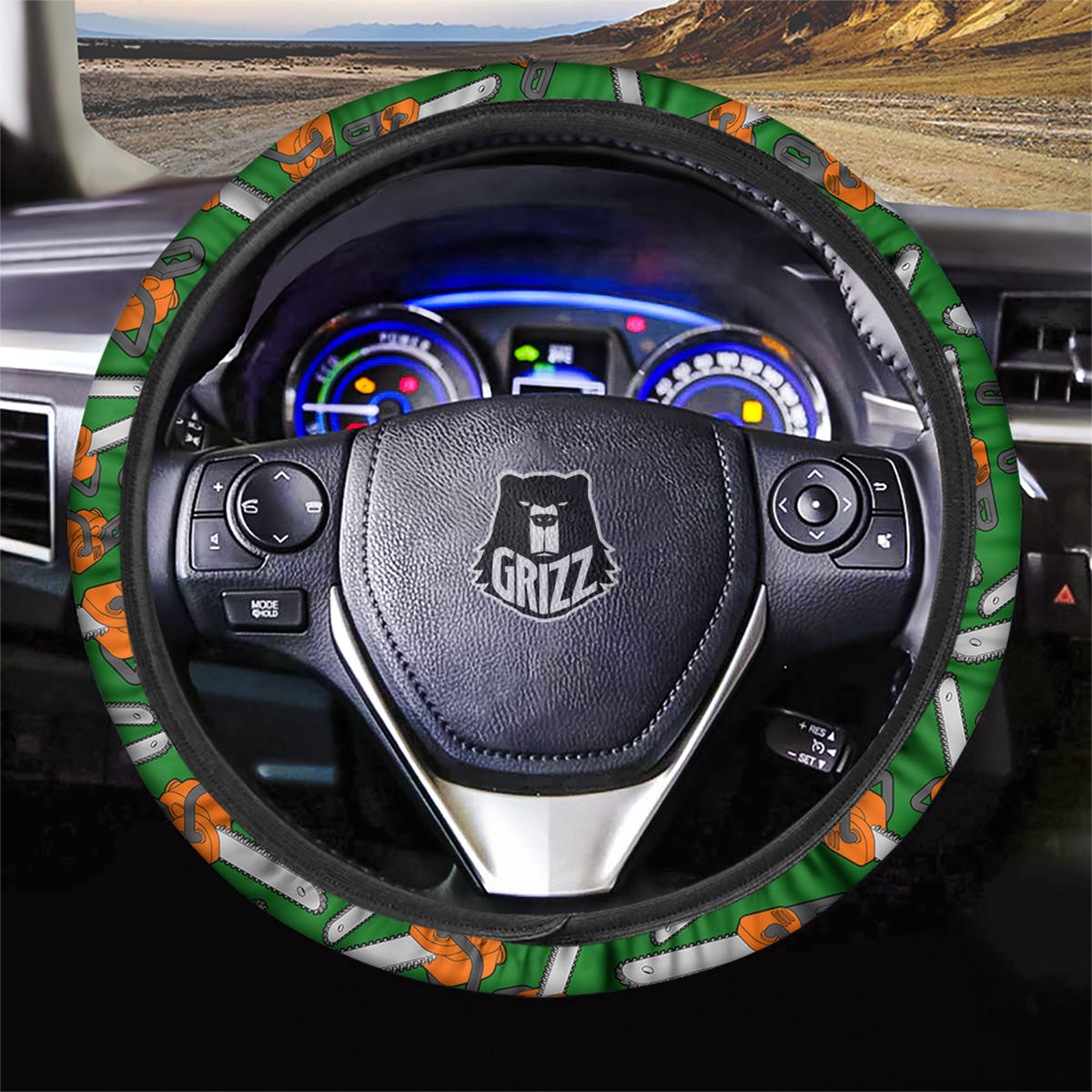 Green Chainsaw Print Pattern Car Steering Wheel Cover-grizzshop