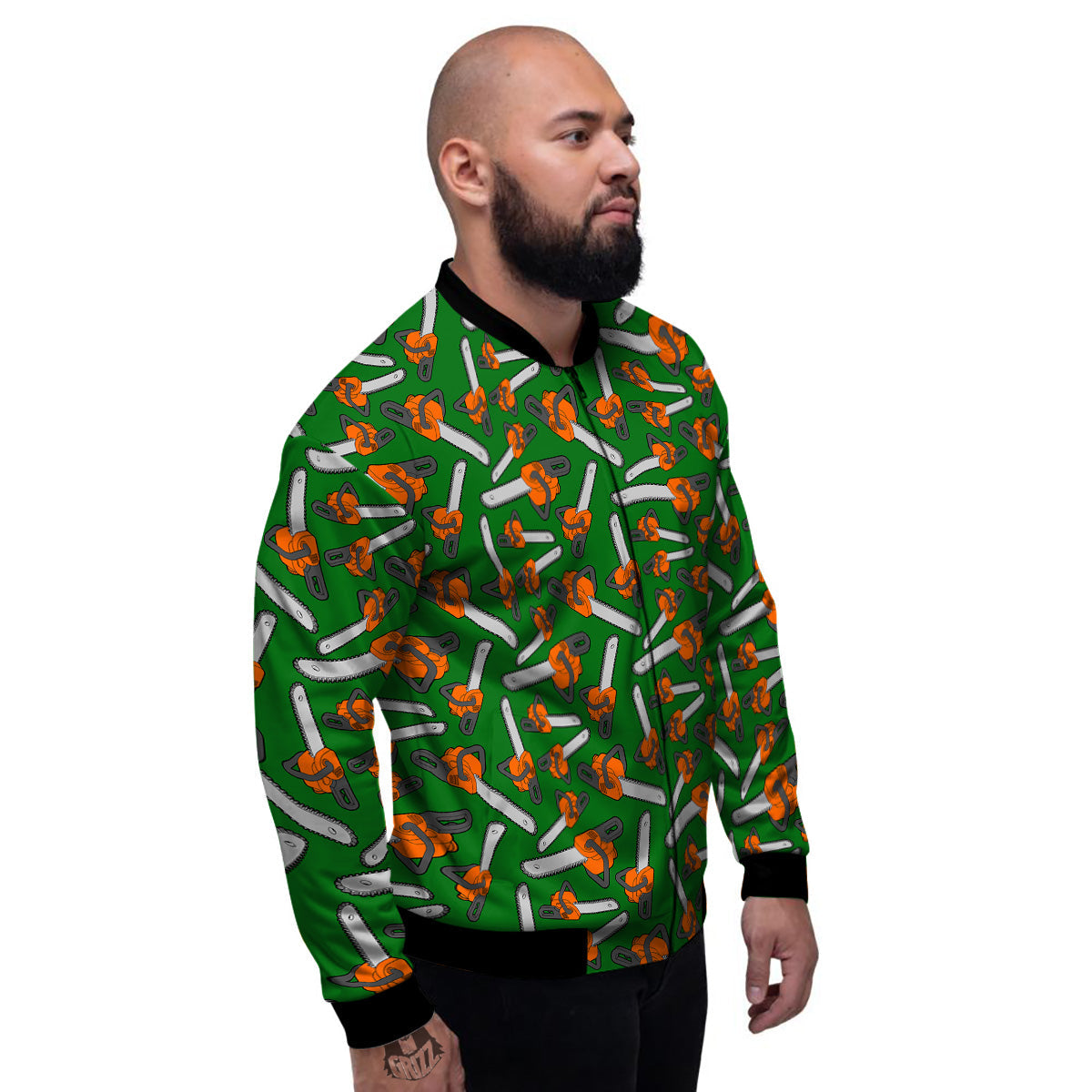 Green Chainsaw Print Pattern Men's Bomber Jacket-grizzshop