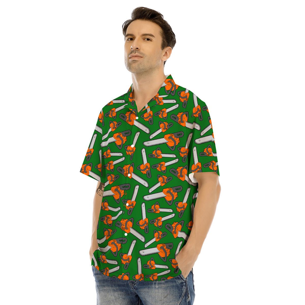 Green Chainsaw Print Pattern Men's Hawaiian Shirt-grizzshop