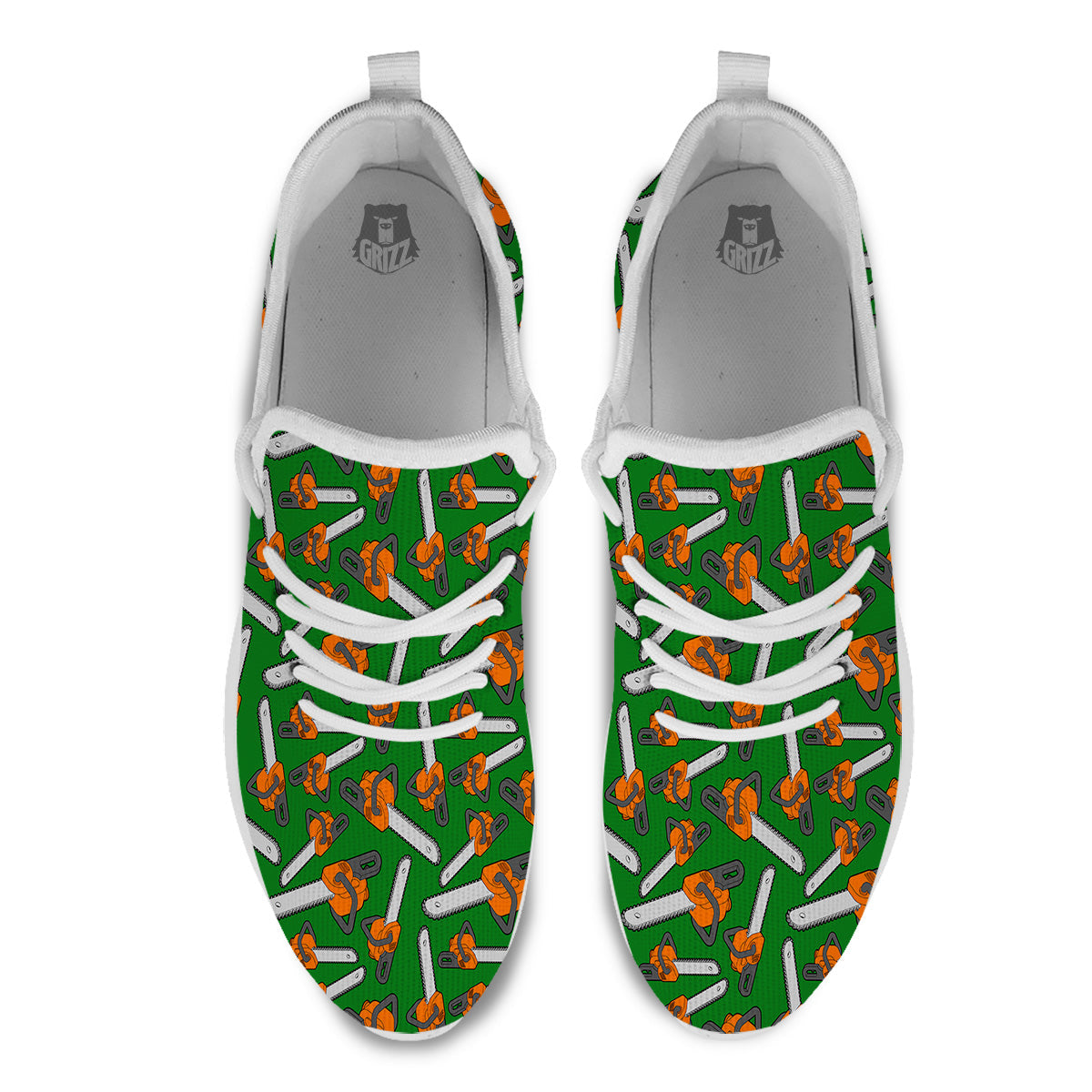 Green Chainsaw Print Pattern White Athletic Shoes-grizzshop