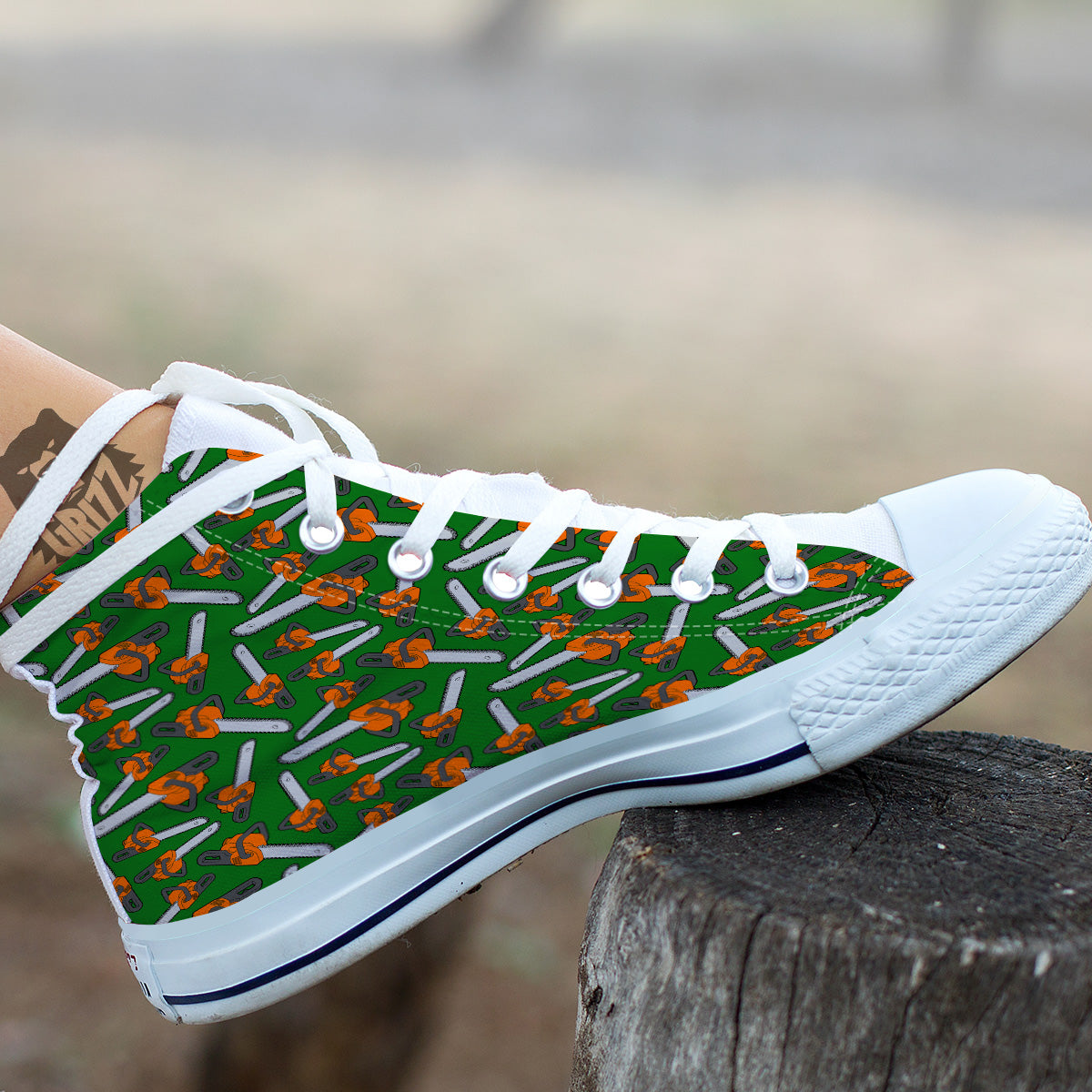 Green Chainsaw Print Pattern White High Top Shoes-grizzshop