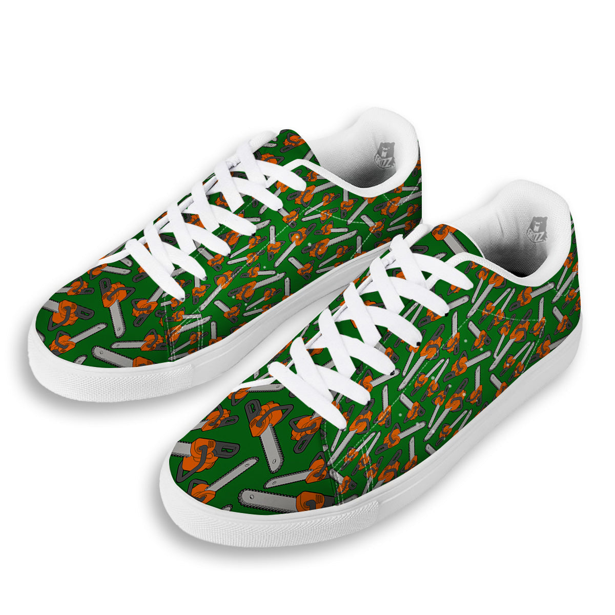 Green Chainsaw Print Pattern White Low Top Sneakers-grizzshop