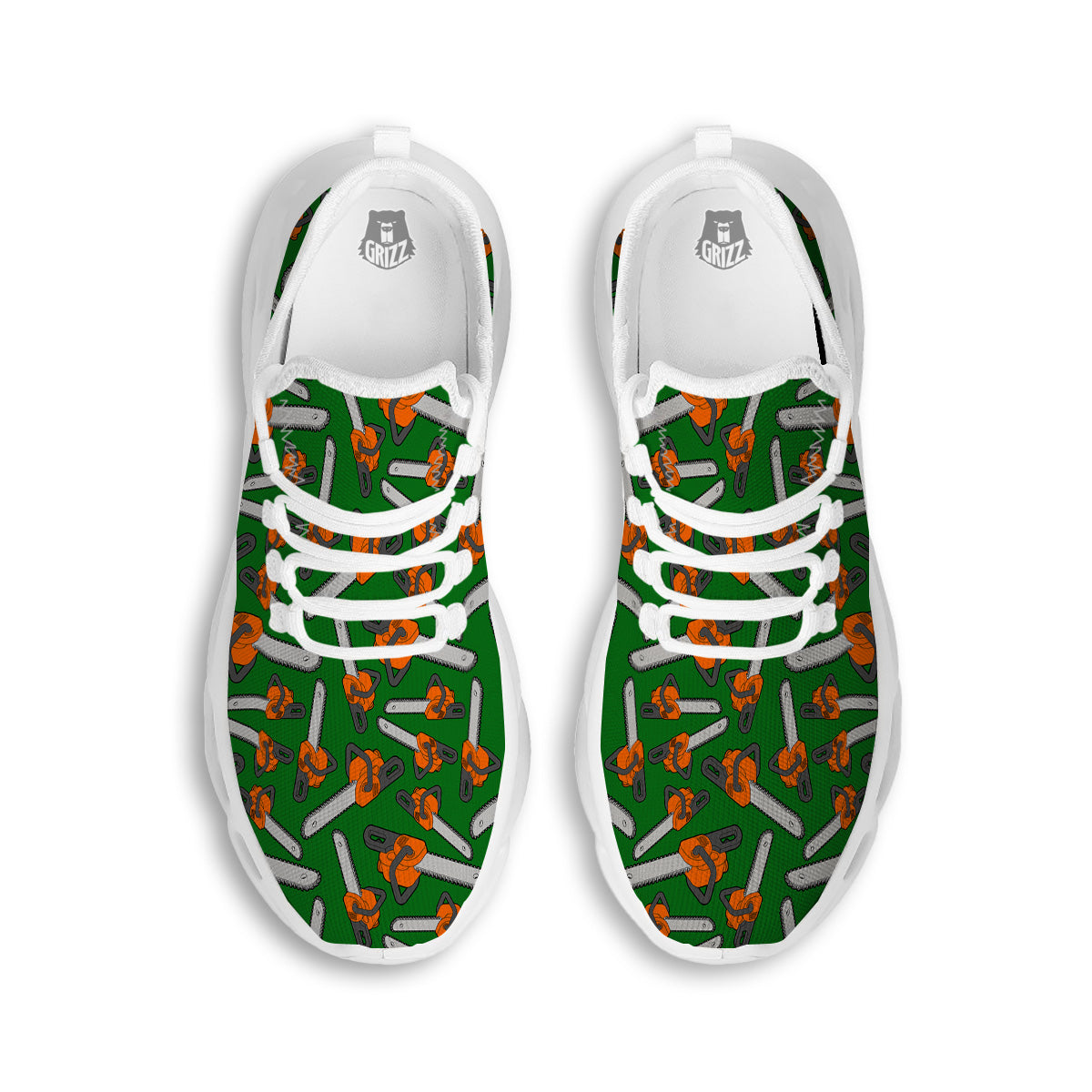 Green Chainsaw Print Pattern White Running Shoes-grizzshop