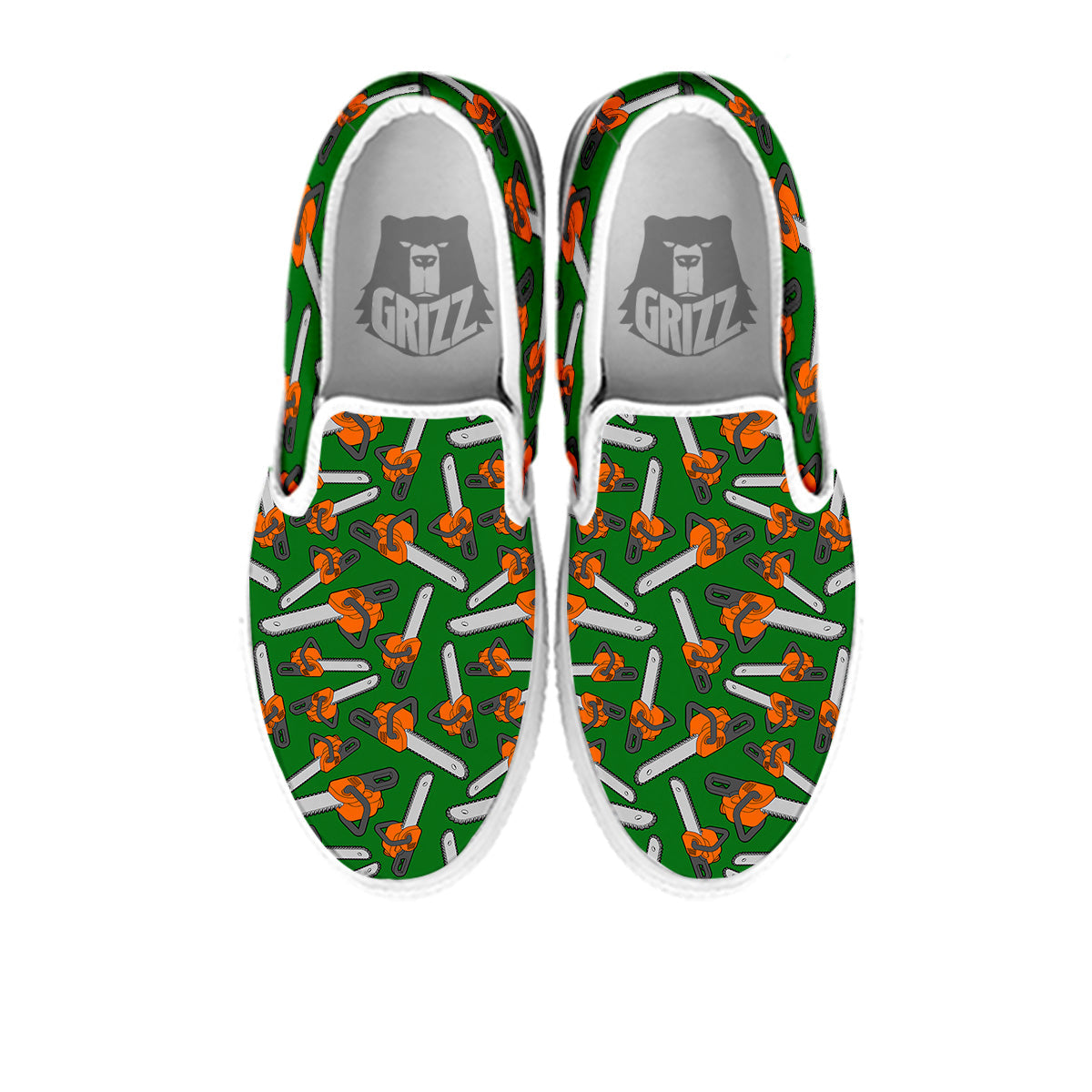 Green Chainsaw Print Pattern White Slip On Shoes-grizzshop