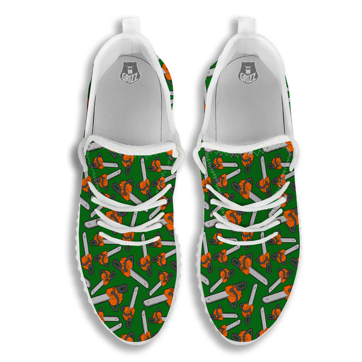 Green Chainsaw Print Pattern White Walking Shoes-grizzshop