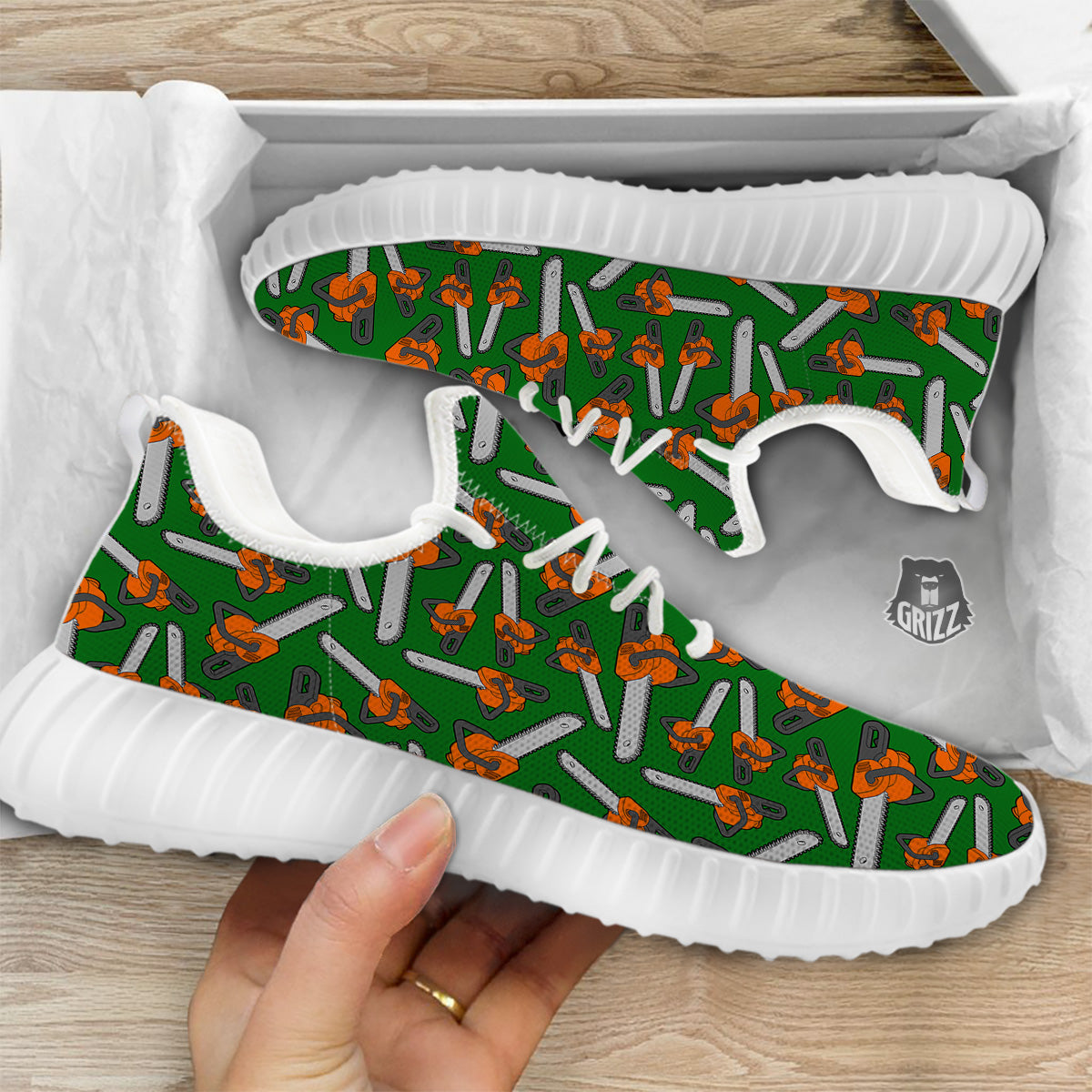 Green Chainsaw Print Pattern White Walking Shoes-grizzshop