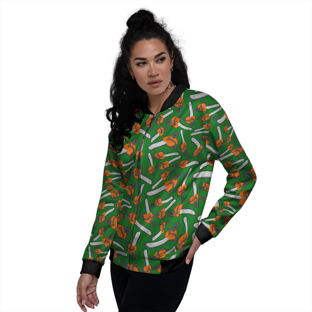 Green Chainsaw Print Pattern Women's Bomber Jacket-grizzshop