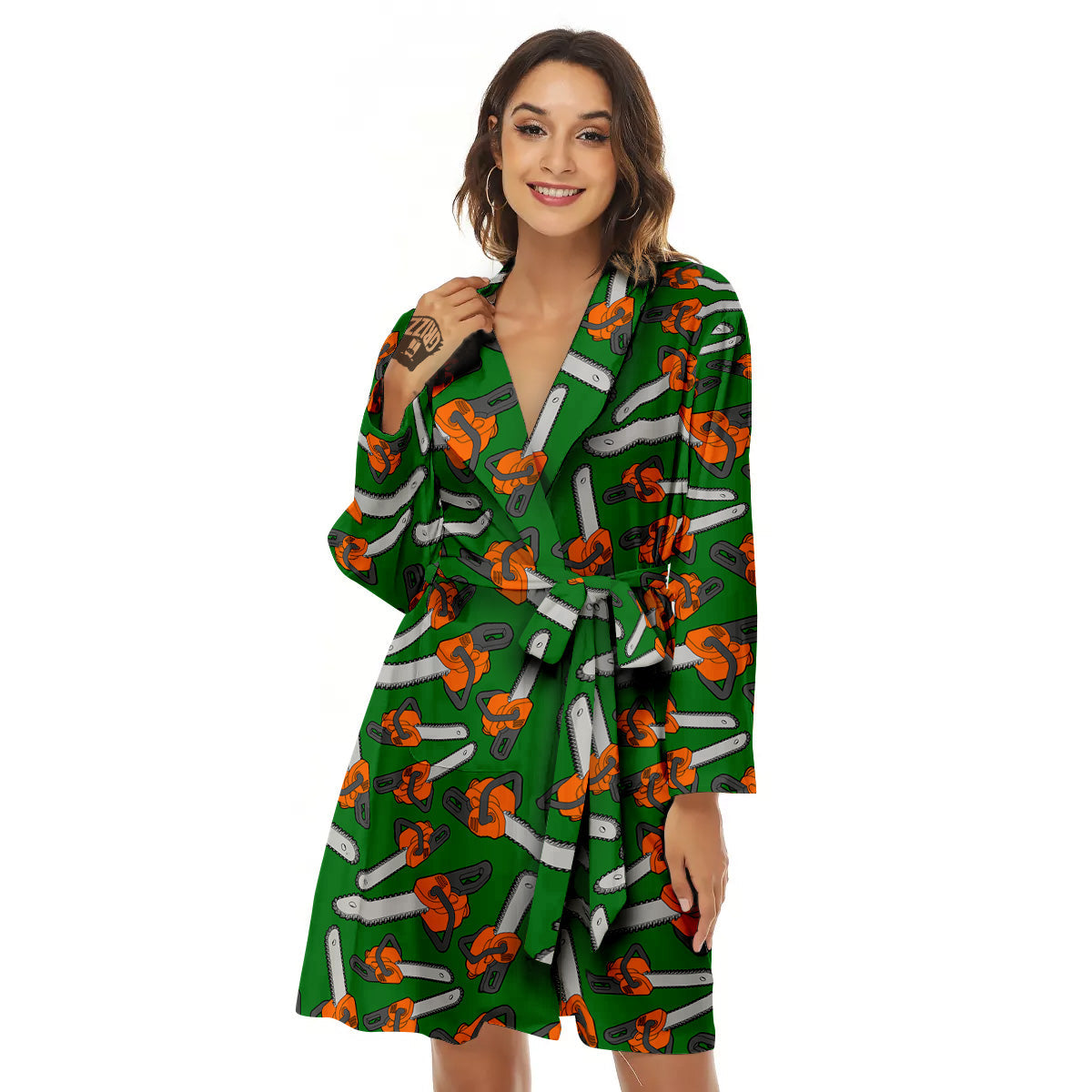 Green Chainsaw Print Pattern Women's Robe-grizzshop