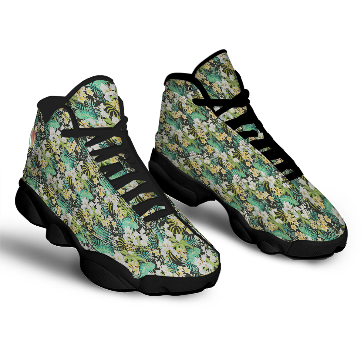Green Chameleon And Flowers Plumeria Orchid Print Pattern Black Basketball Shoes-grizzshop